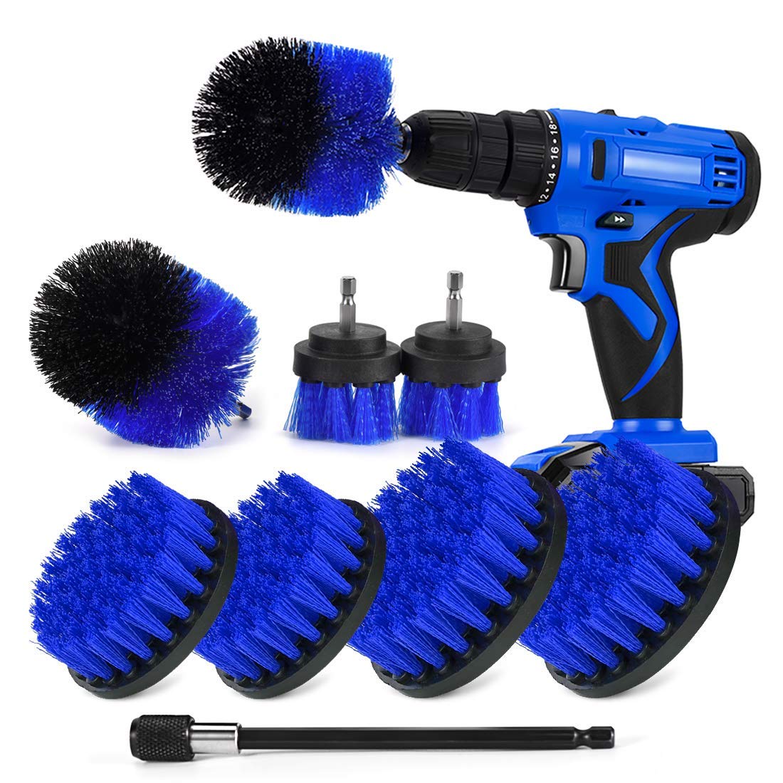 4-Piece Cleaning Brush Set - 2-In, 3.5-In, 4-In, 5-Ih Round Flat Brushes and 6-In Extended Reach Attachment for Drill