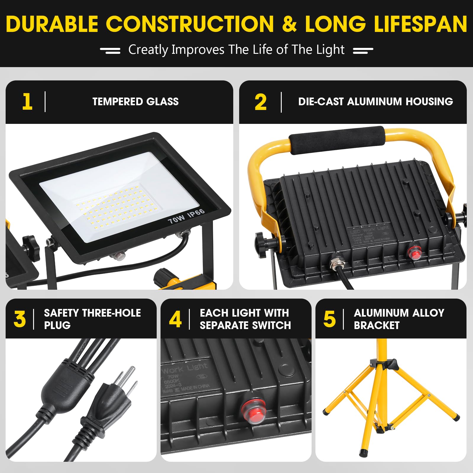 Work Lights - IP66 Waterproof Outdoor Flood Lights - Adjustable Working Lights for Job Site