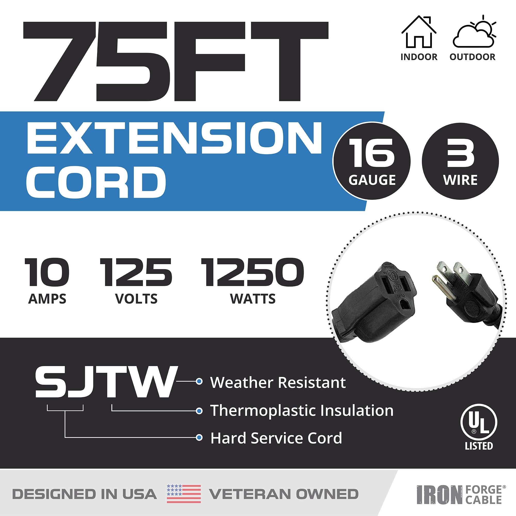 Weatherproof Outdoor Extension Cord, 16/3 SJTW Heavy Duty Black Extension Cord 3 Prong, 13 Amp Exterior Power Cable