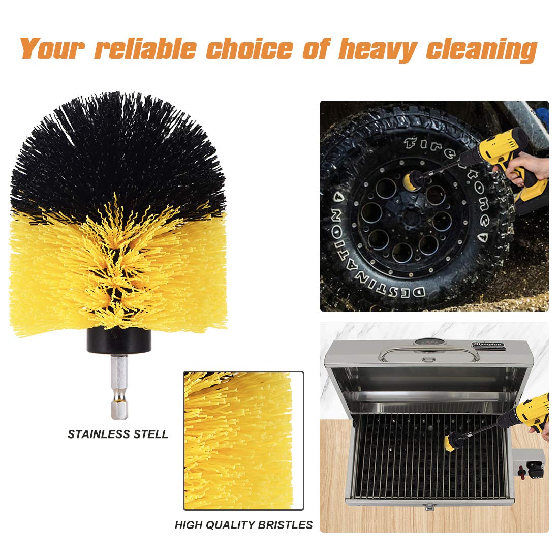 4-Piece Cleaning Brush Set - 2-In, 3.5-In, 4-In, 5-Ih Round Flat Brushes and 6-In Extended Reach Attachment for Drill