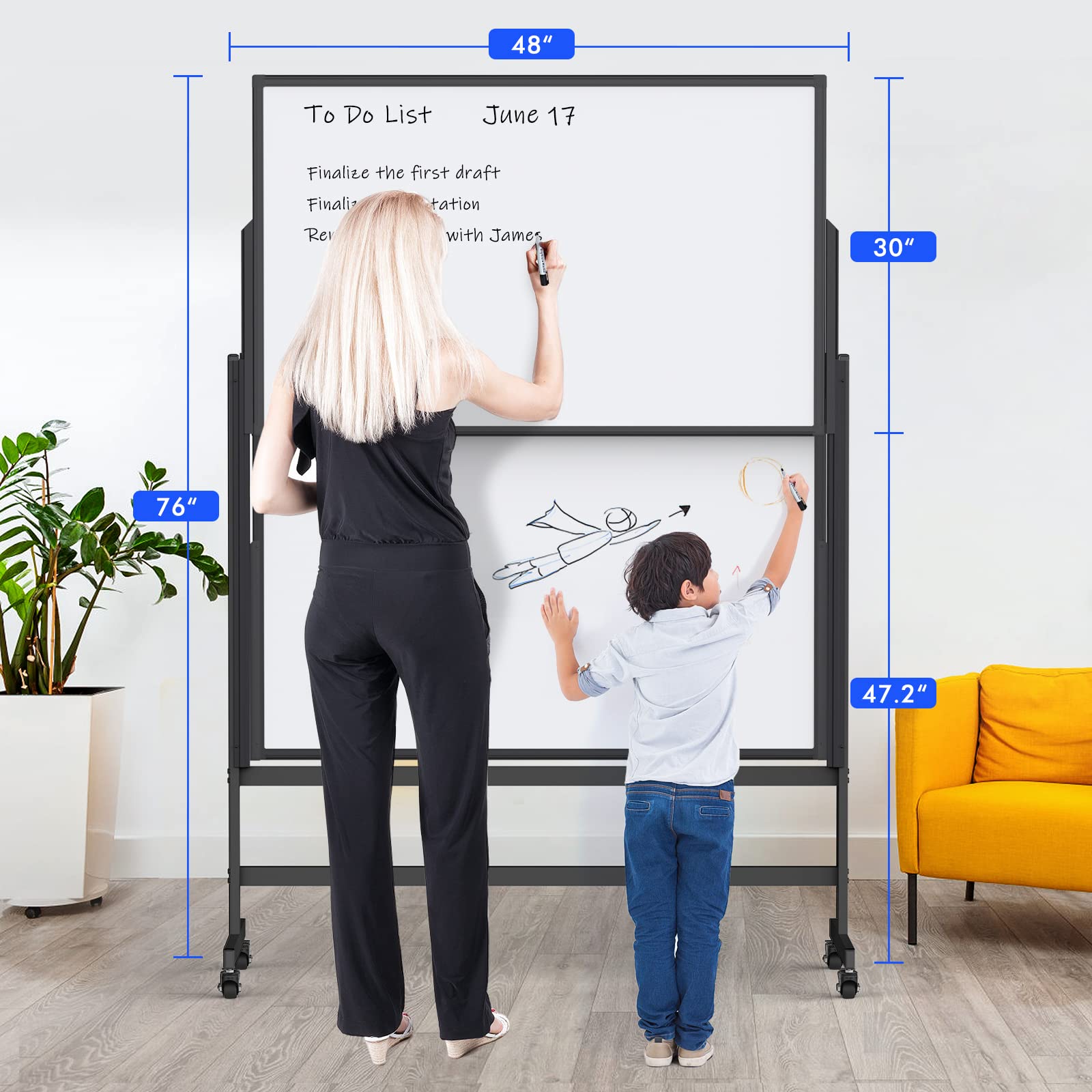 [1 Set] Double Sided Dry Erase Whiteboard, Large Standing Easel, Rolling & Height Adjustable