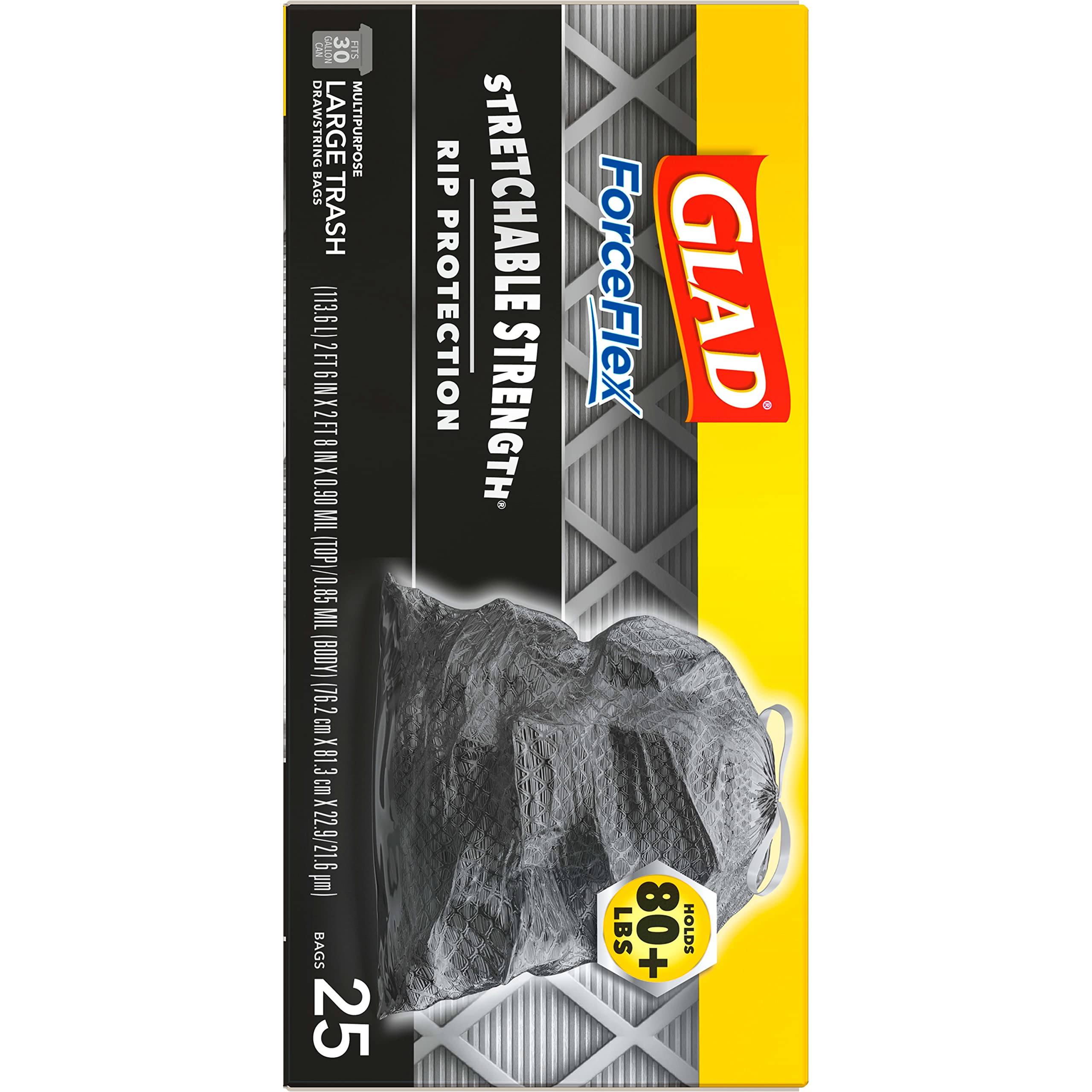 Glad Large Drawstring Trash Bags, ForceFlex 30 Gallon Black Trash Bags, 25/50/68 Count