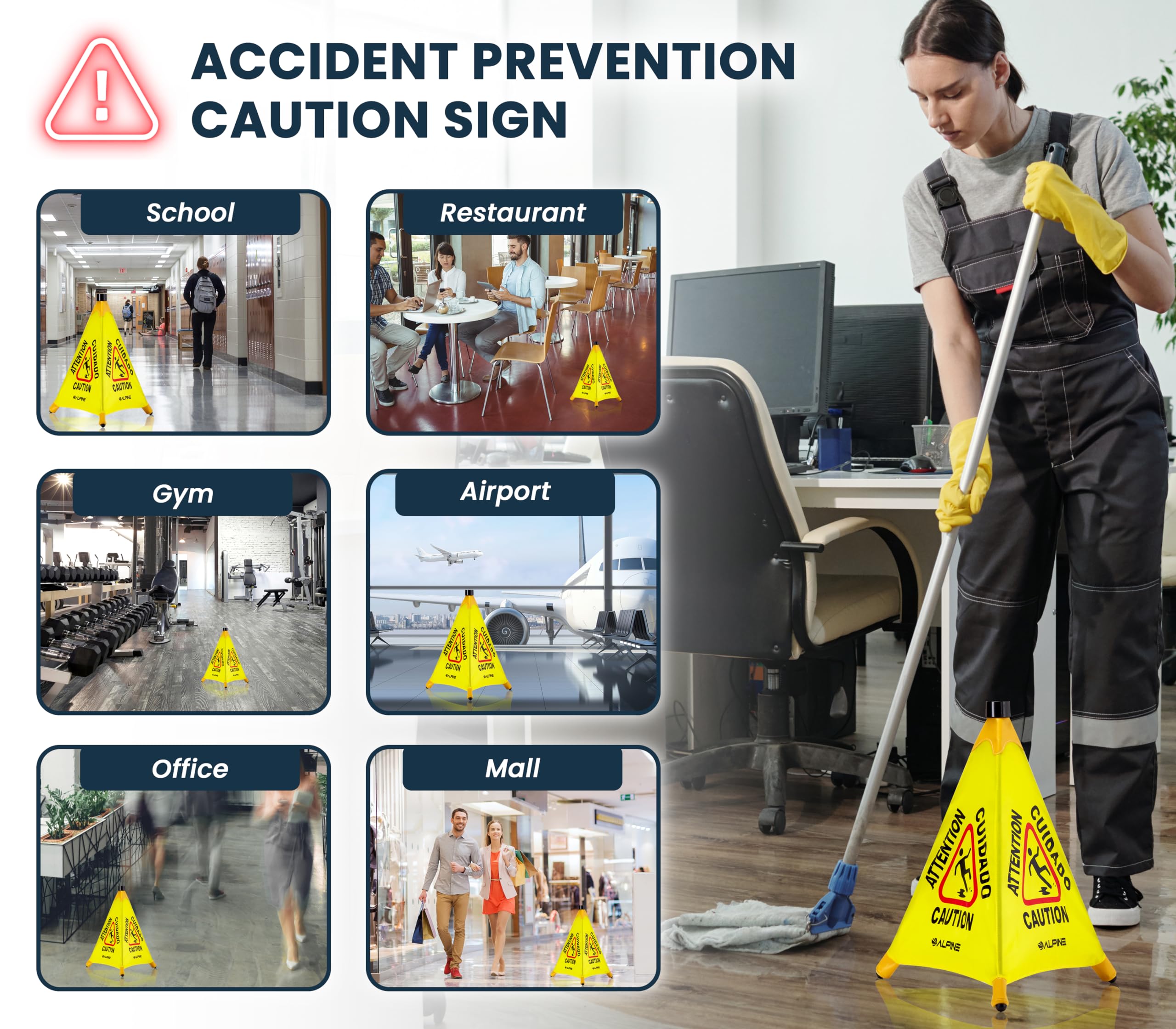 Pop-Up Wet Floor Sign - Portable Three Sided Caution Cone - 20/30 inches
