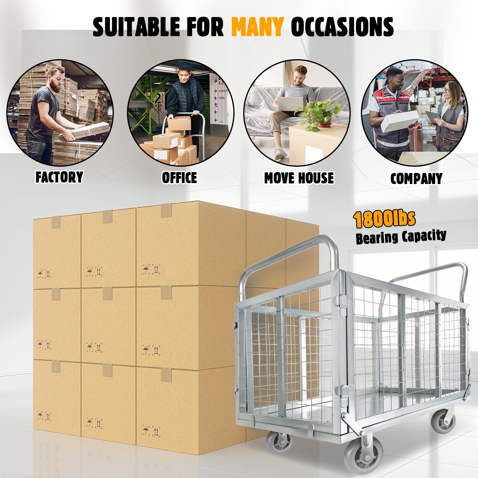 Platform Truck Cart with Cage 4-in-1 Push Cart Dolly Load 1800LBS W/Swivel Casters (39" x24")