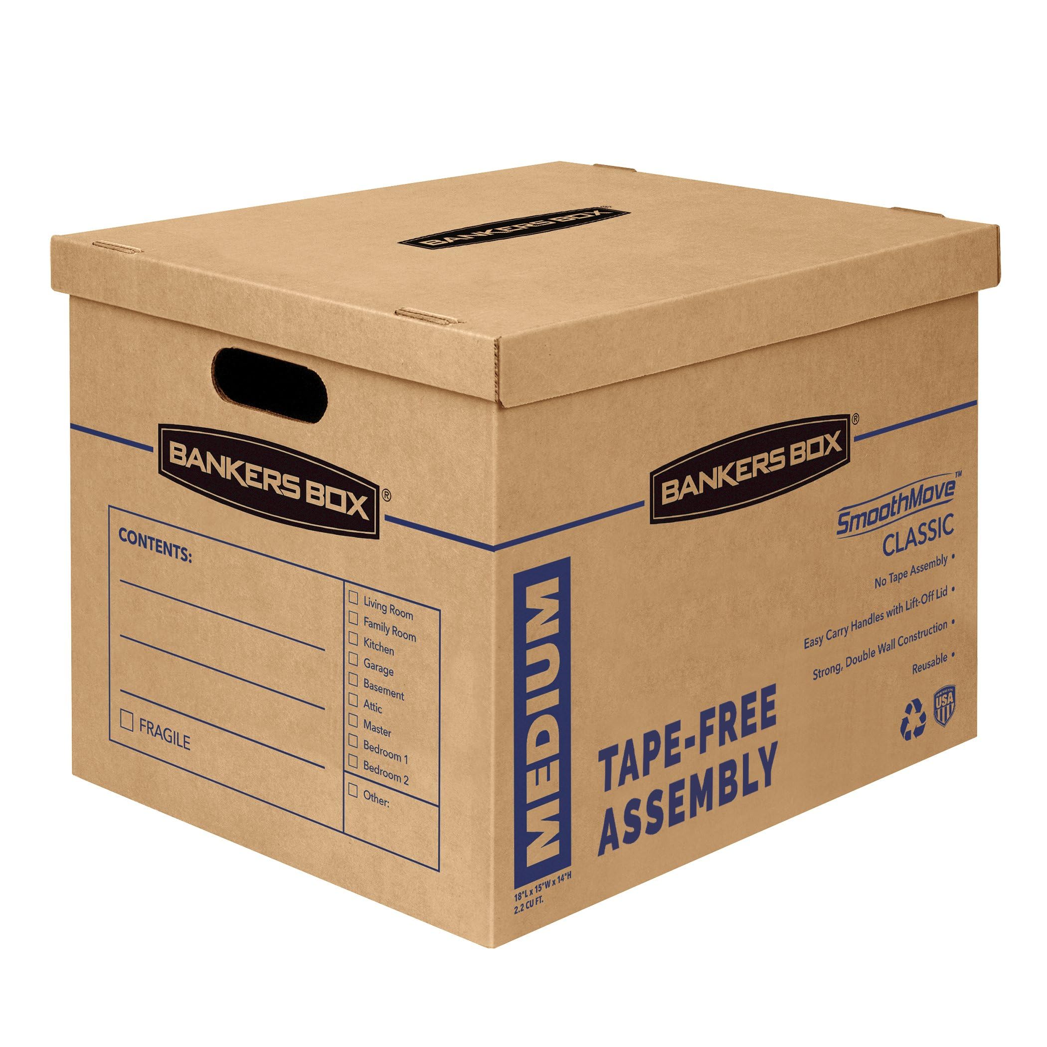 Bankers Box 8 Pack Medium Classic Moving Boxes, Tape-Free with Reinforced Handles