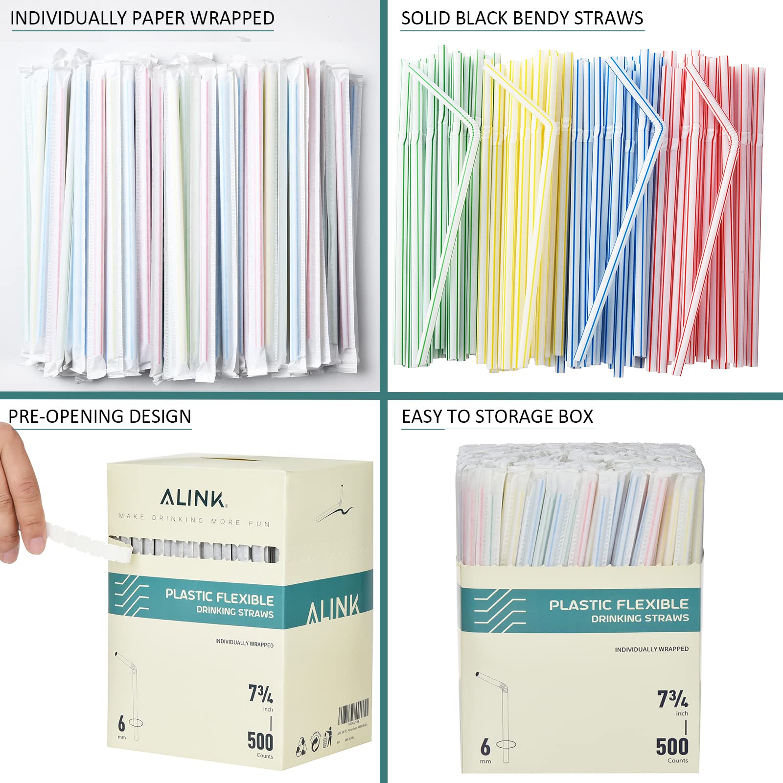 [500 CT] Striped Flexible Individually Wrapped Plastic Disposable Bendy Straws, 7.75" x 0.23"