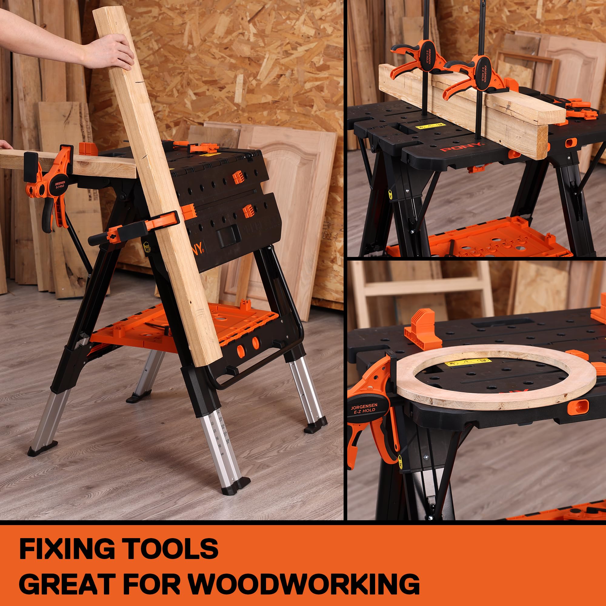 Portable Folding Work Table, 31” W×25” D×25”-32”H, with 4pcs Clamps, 4pcs Bench Dogs, 2pcs Safety Straps