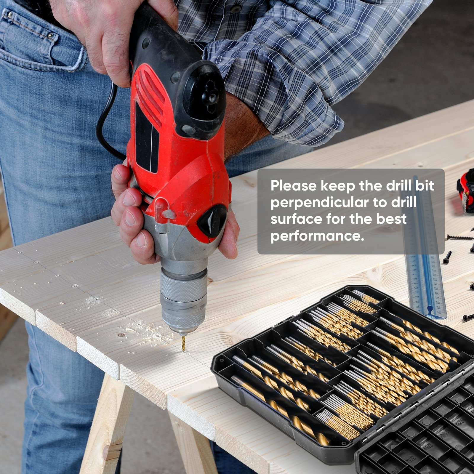 99PCS Titanium Coated Drill Bit Set, 135 Degree Tip HSS Bits Kit, Size from 1/16" to 3/8"