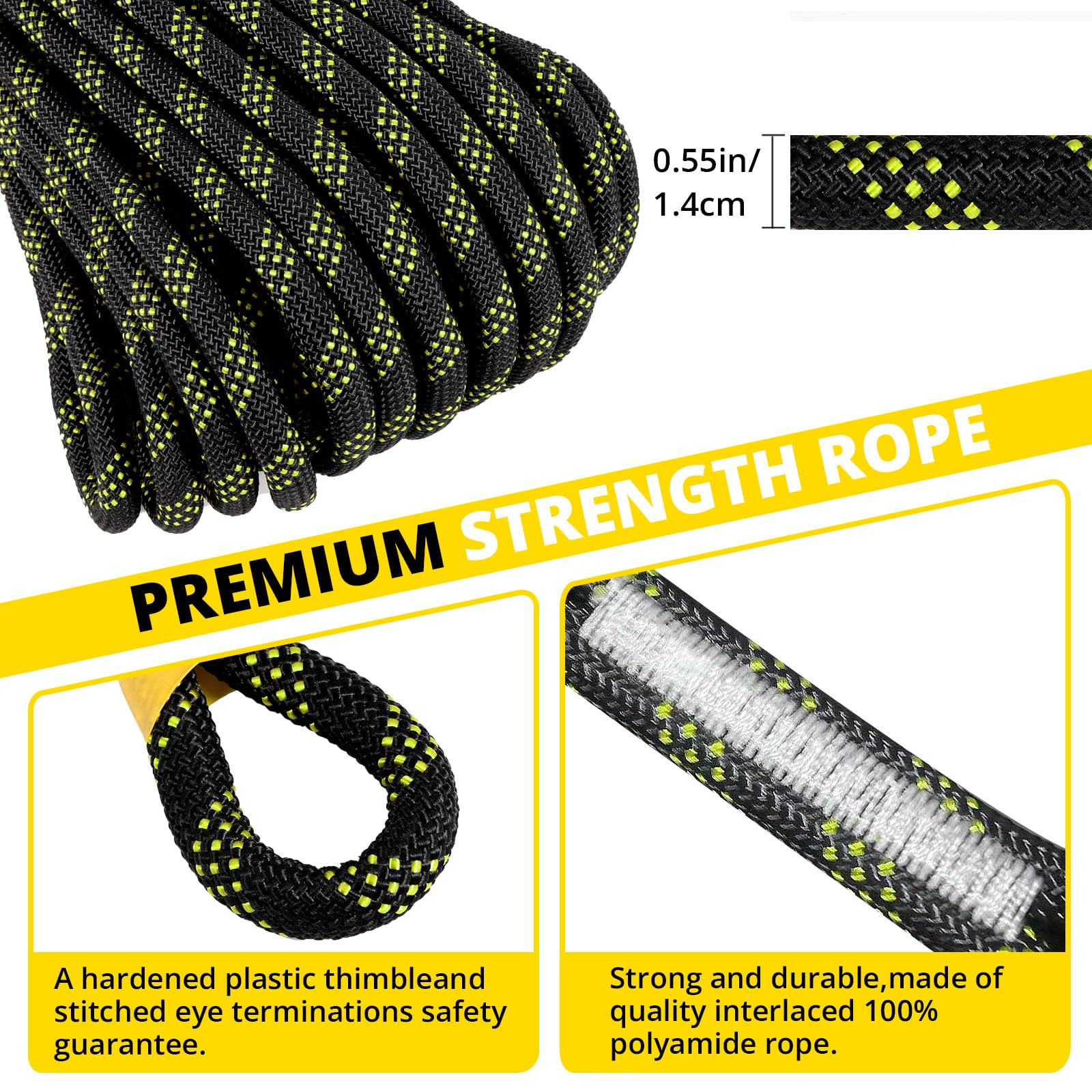 [25 / 50 / 100/ 150 FT] Rope Harness Safety Lanyard, Vertical Roofing Rope With Grab Snap Hooks, Shock Absorber