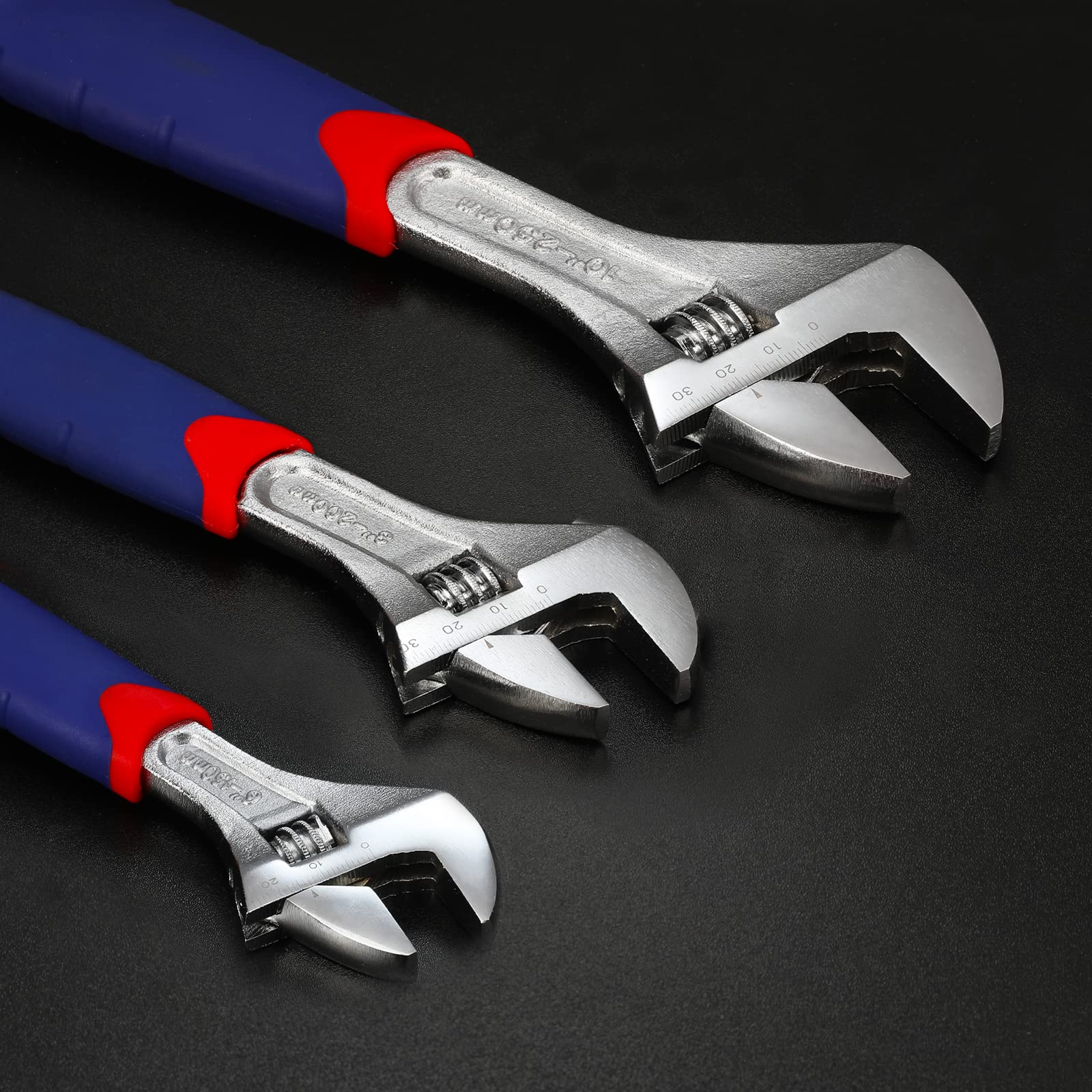 3-piece Adjustable Wrench Set CR-V with Rubberized Anti-Slip Grips 6-inch, 8-inch, 10-inch