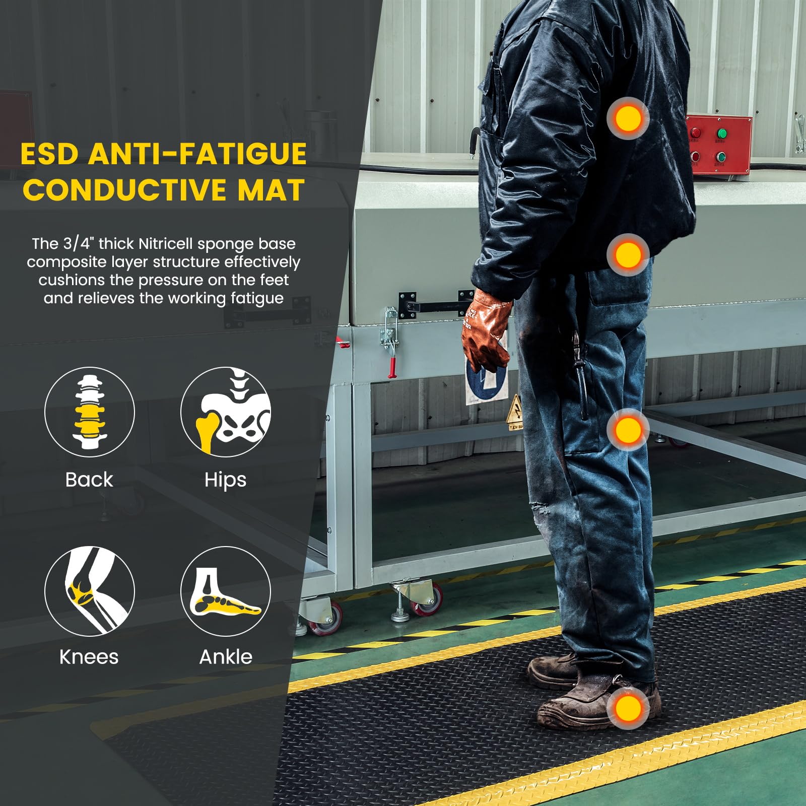 3' x 5' ESD Anti-Fatigue Conductive Mat, Durable Heavy Duty Diamond Plate