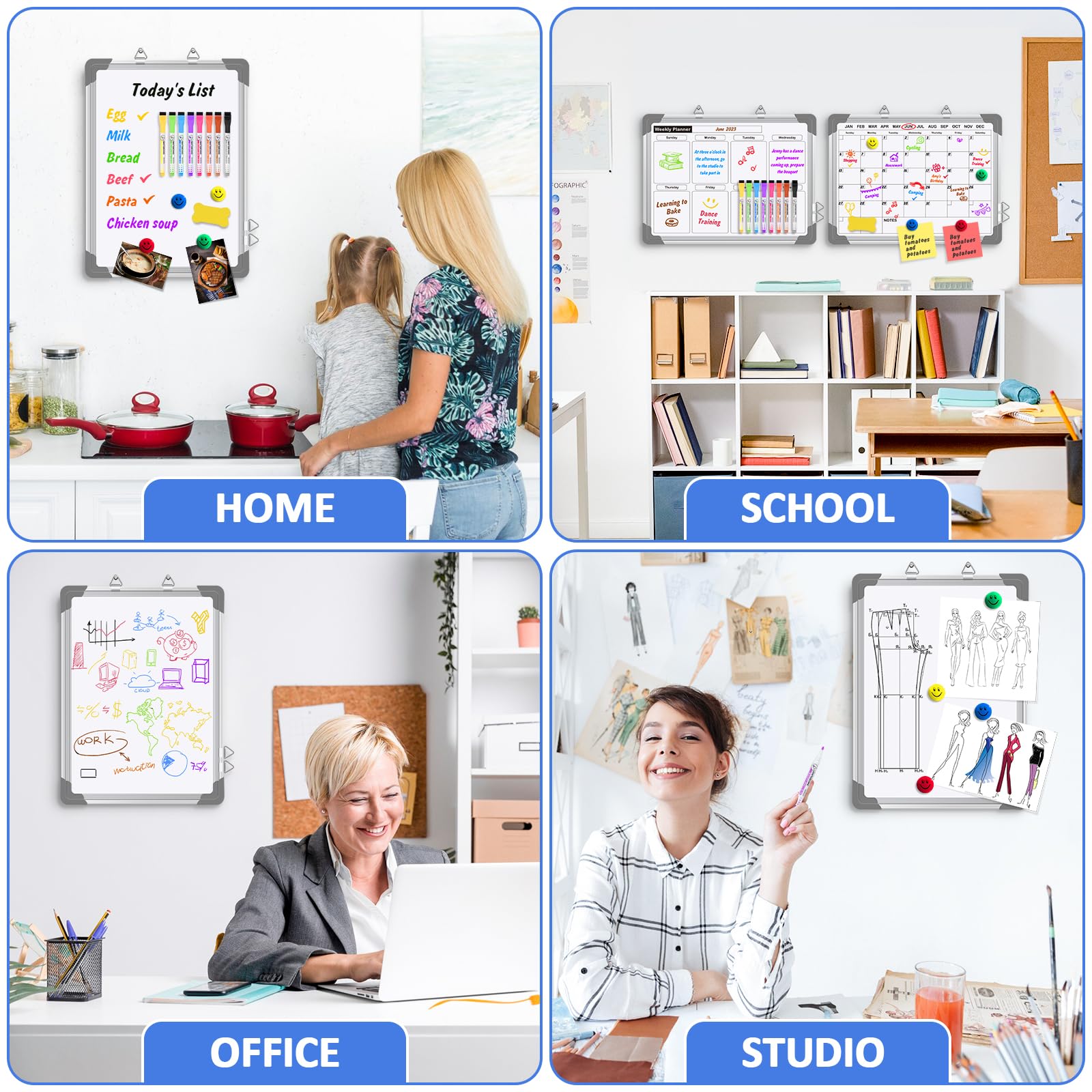 [1 Set] 2 Double-Sided Whiteboards - Monthly & Weekly Planner, 16" x 12"