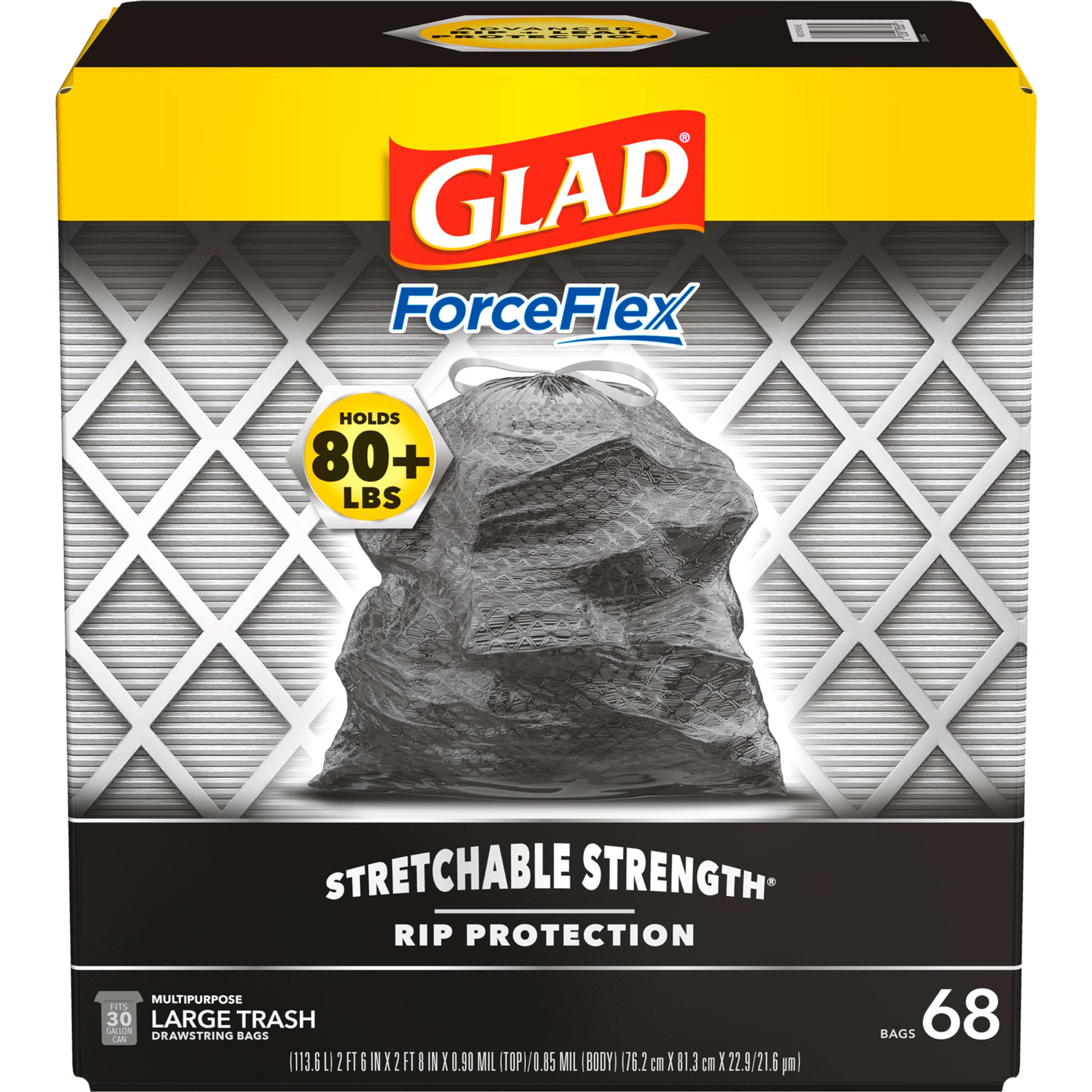 Glad Large Drawstring Trash Bags, ForceFlex 30 Gallon Black Trash Bags, 25/50/68 Count