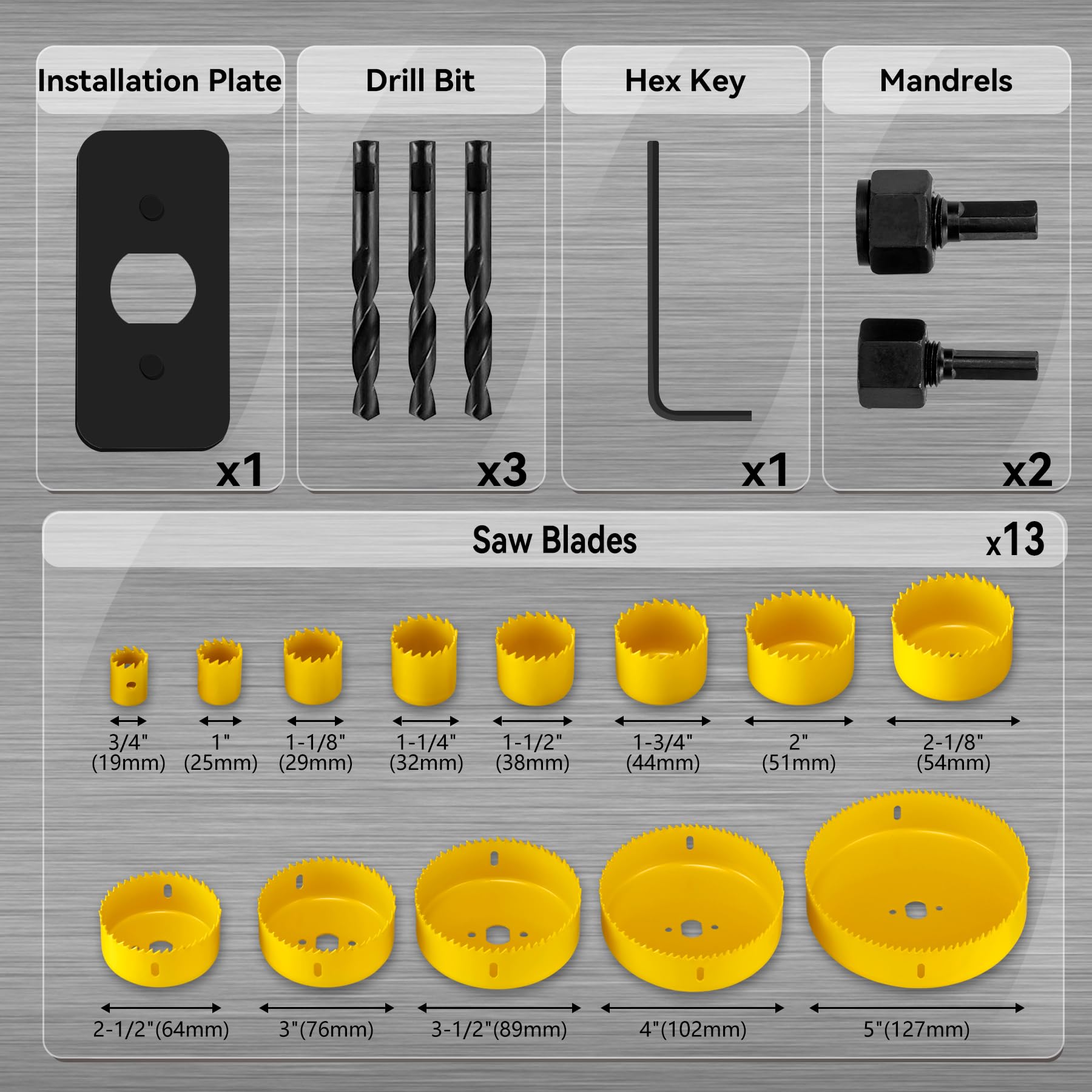 Hole Saw Set 20PCS Hole Saw Kit with 3/4"-6"(19-152mm) 13PCS Saw Blades, 2 Mandrels, 3 Drill Bits, 1 Installation Plate, 1 Hex Key
