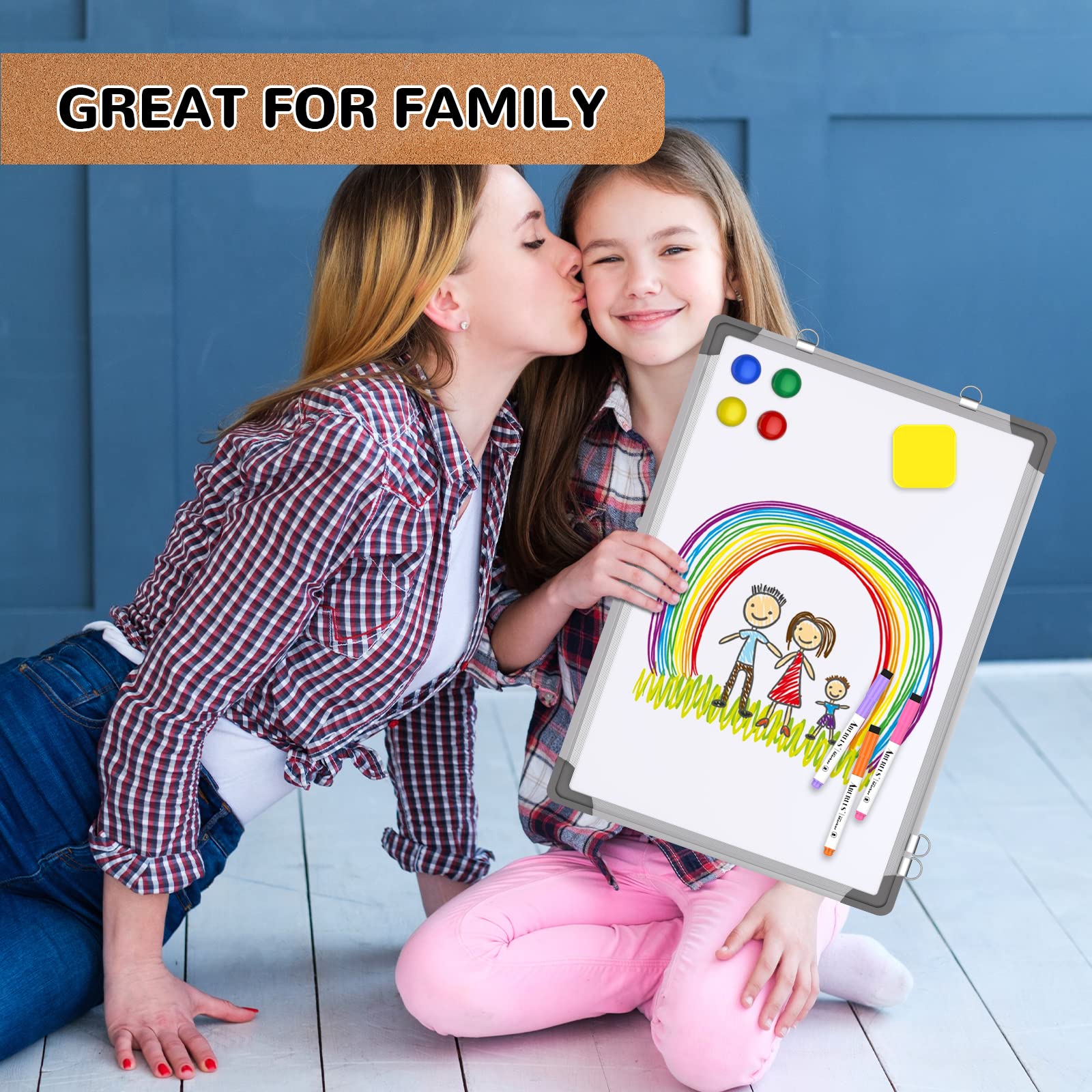 [1 Set] Double-Sided Monthly Calendar Whiteboard with Cork Strip, 17" x 13"