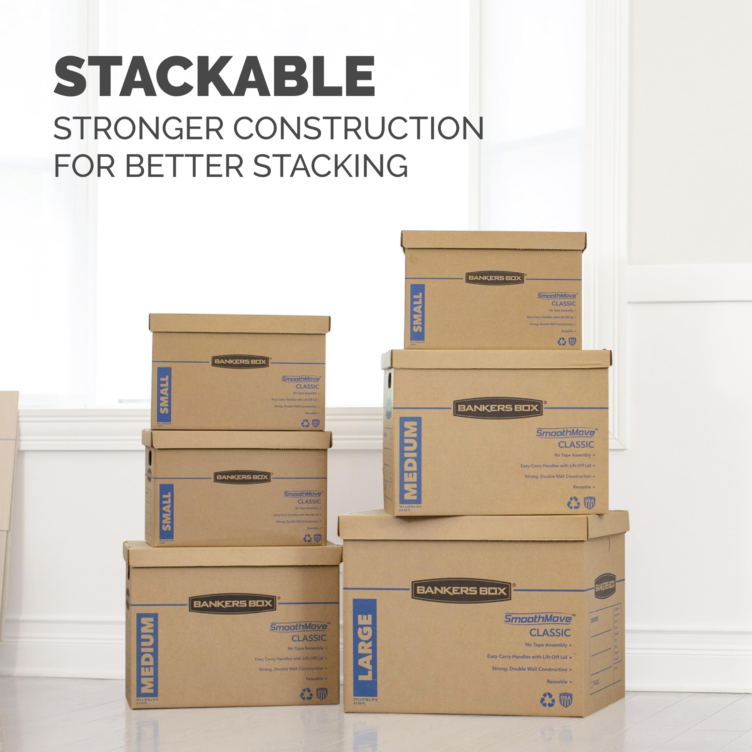 Bankers Box 8 Pack Medium Classic Moving Boxes, Tape-Free with Reinforced Handles