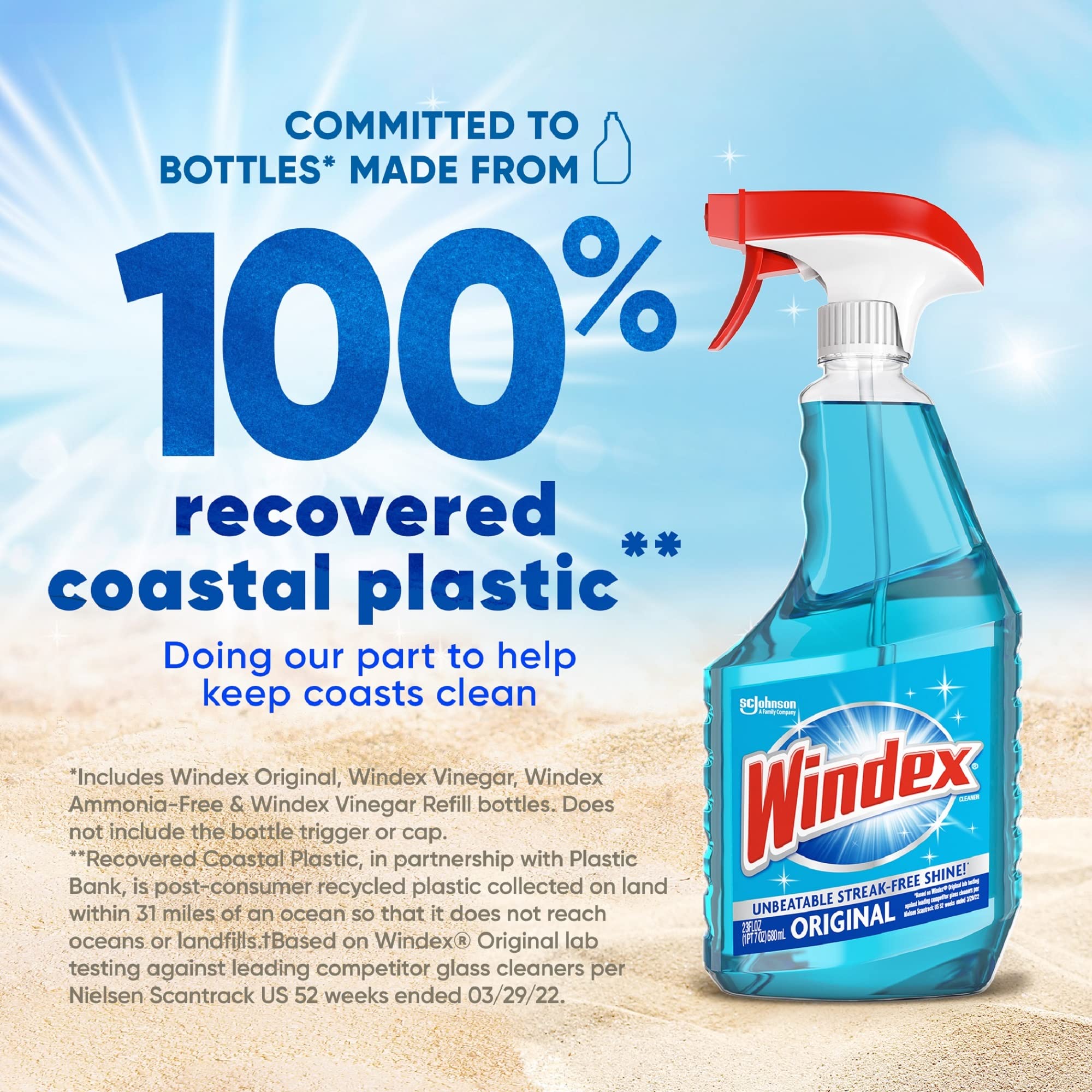 Windex Glass Cleaner Spray,  Made from 100% Recovered Coastal Plastic, 23 Fl Oz, Pack of 6