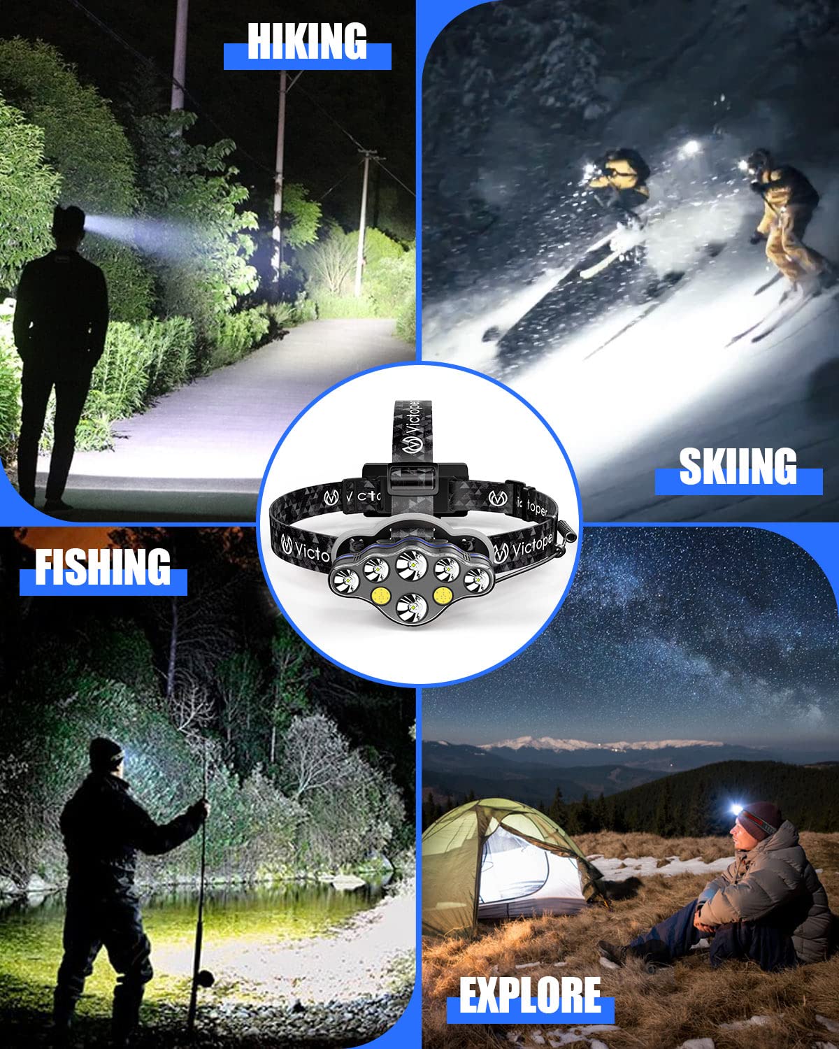 [1 / 2 / 4 Packs] Rechargeable Headlamp, 8 LED 18000 High Lumen Bright Head Lamp with Red Light