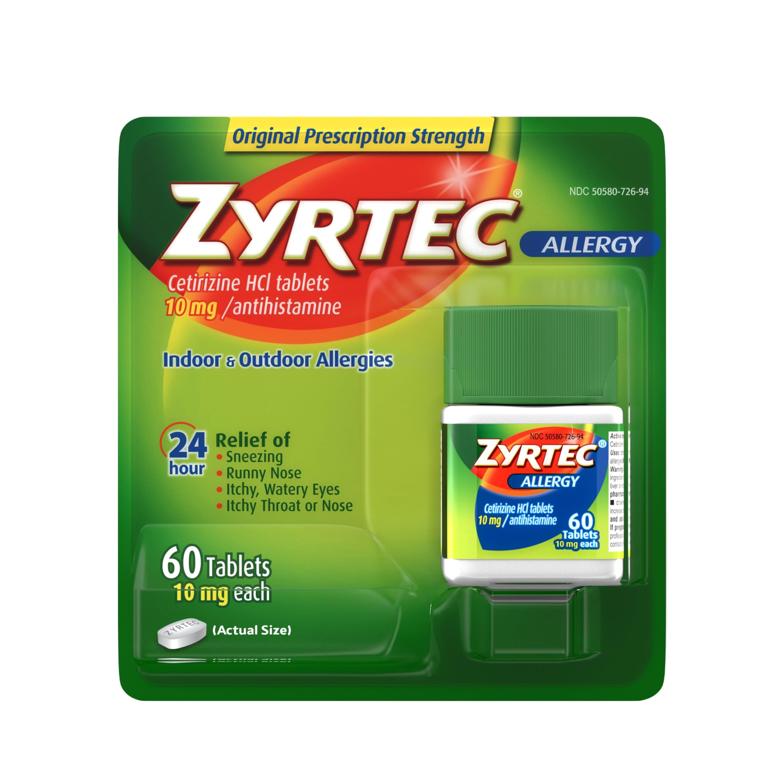 [60 Ct] Zyrtec 24 Hour Allergy Relief Tablets with 10 mg Cetirizine HCl per Antihistamine Tablet