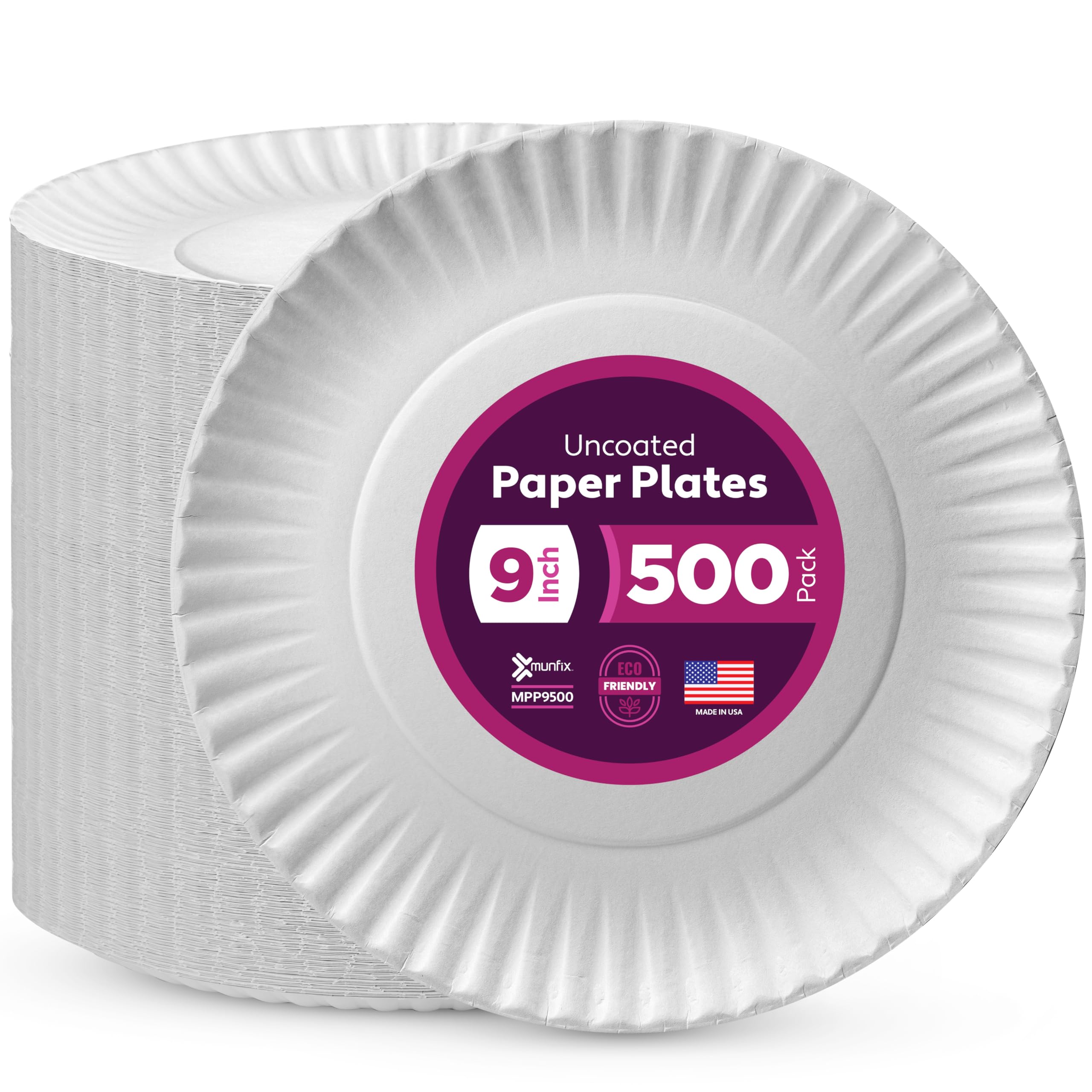 [500 PCS] Uncoated Paper Plates 9 Inch, Everyday Disposable Plates