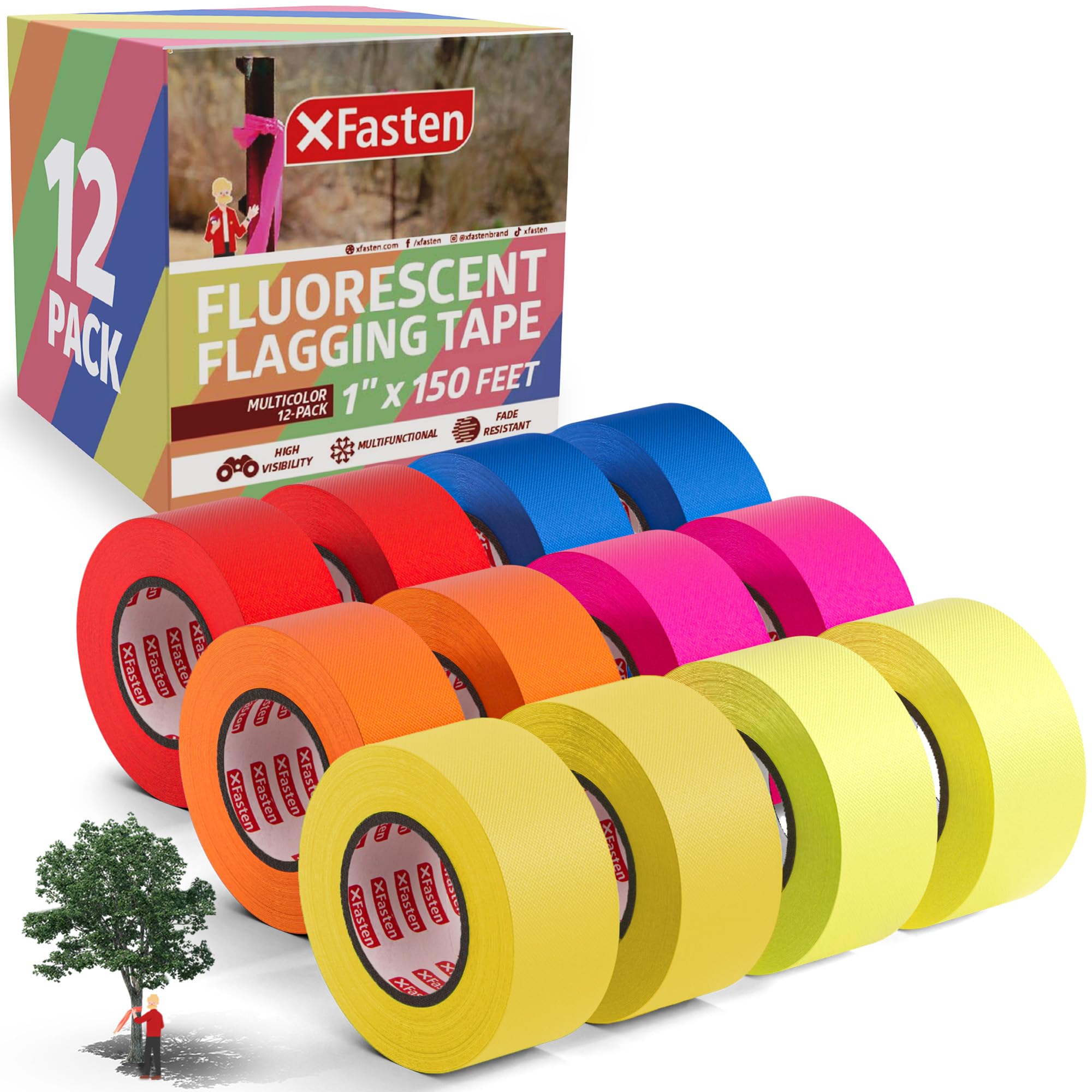 Fluorescent Flagging Tape Assorted Colors 12-Pack,  1” x 150-Feet (1,800 Feet Total)