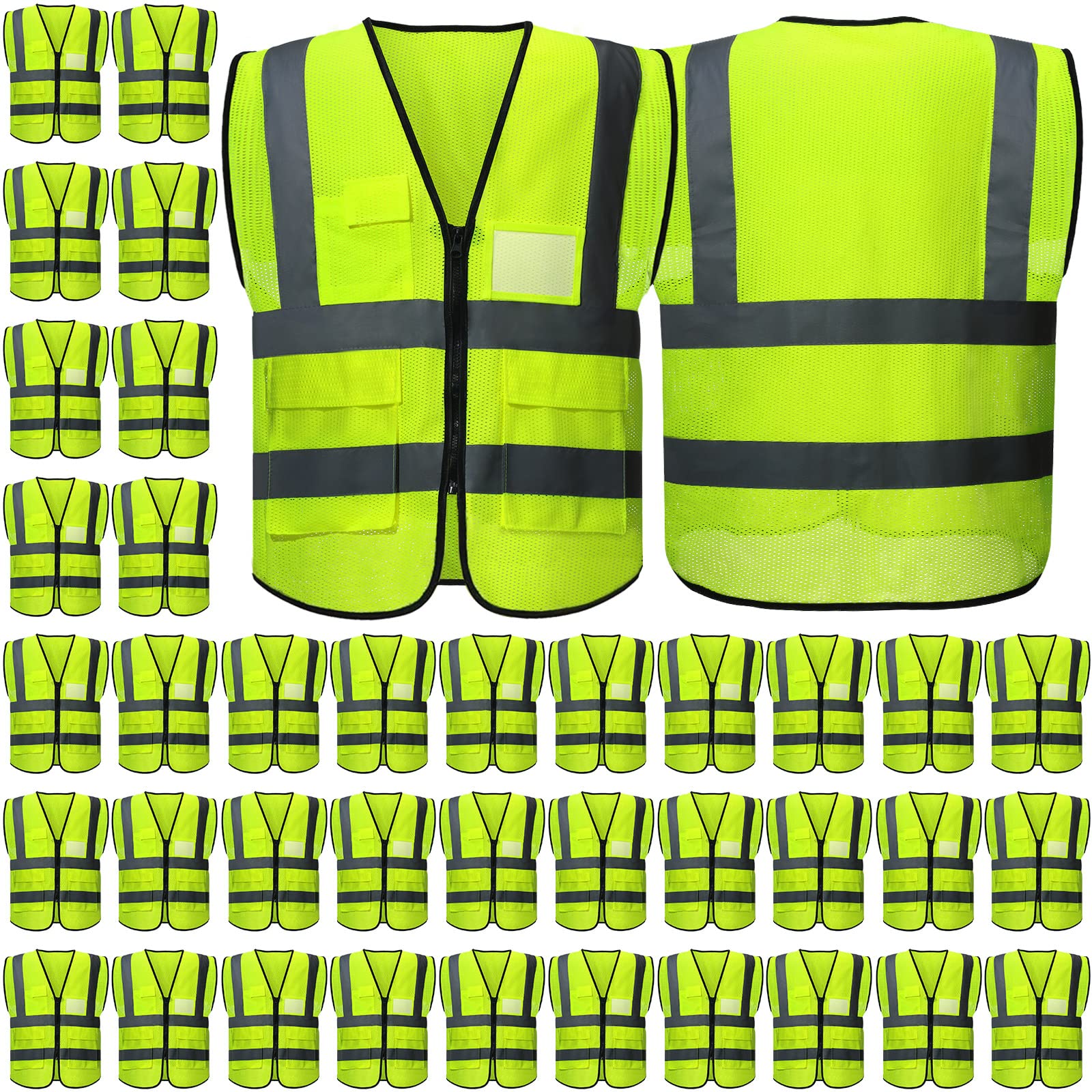 [15 /25 / 40 Packs] High Visibility Safety Vests with Pockets and Zipper