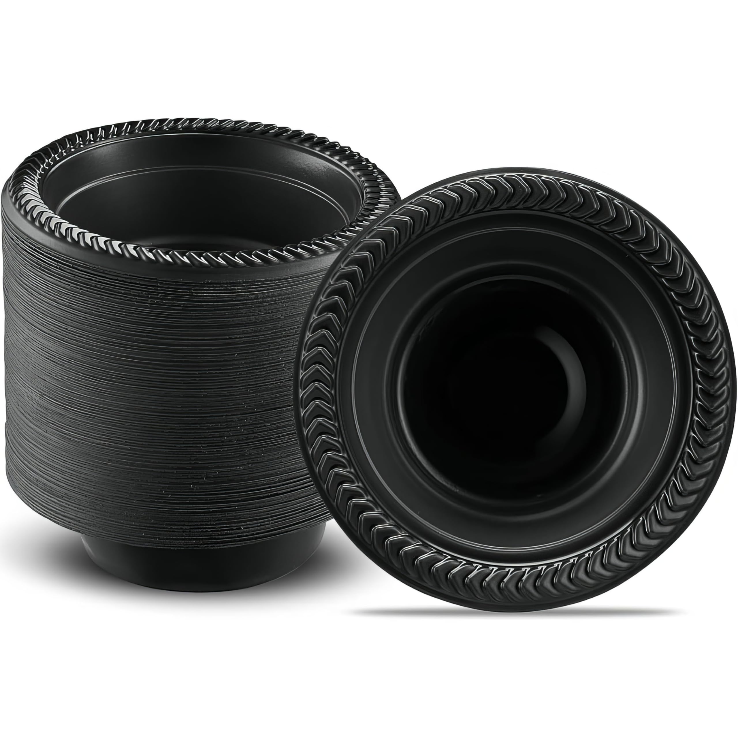 [100 PCS] Cuisine Black Plastic Bowls, Durable & Microwave Safe, 5 & 12 oz.