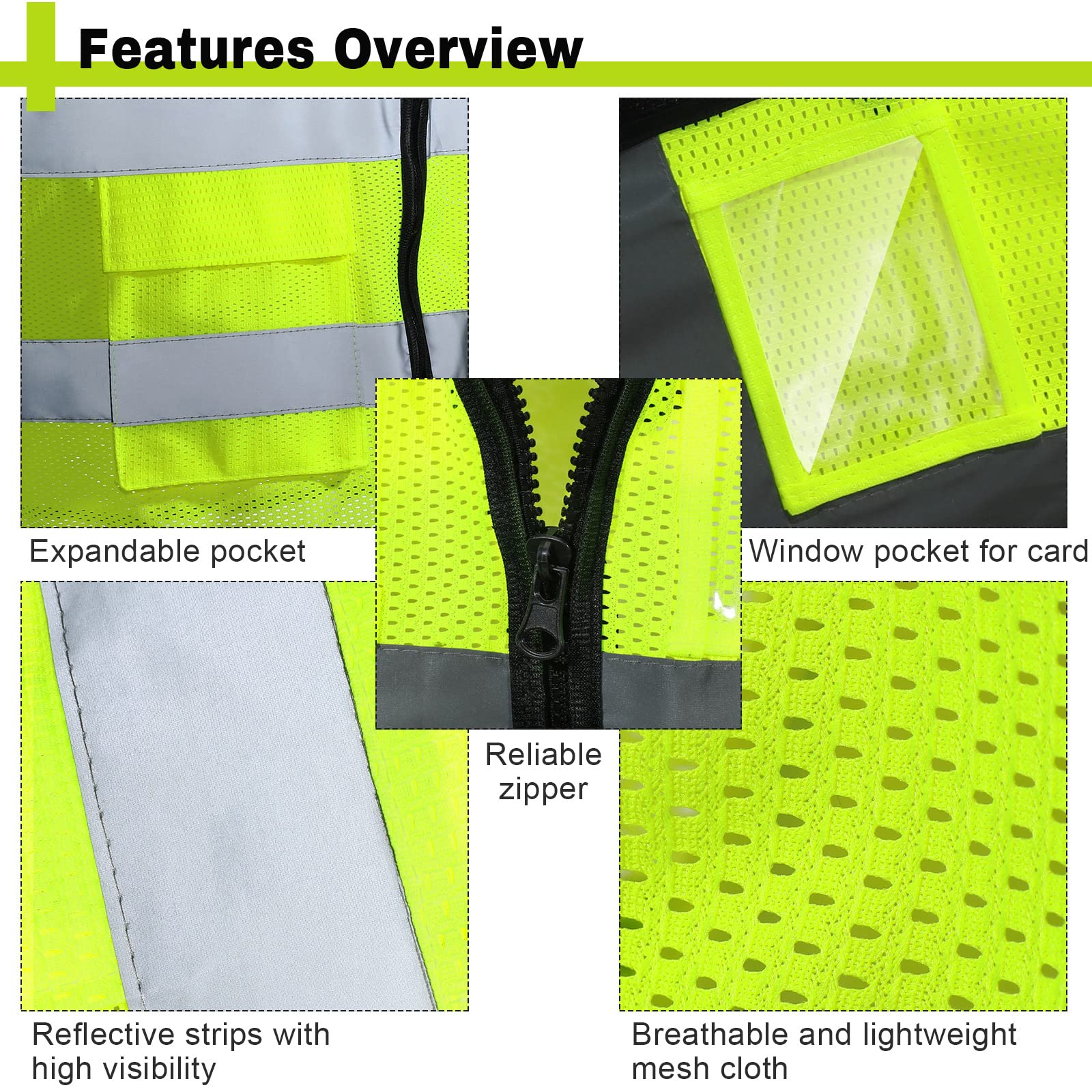[15 /25 / 40 Packs] High Visibility Safety Vests with Pockets and Zipper