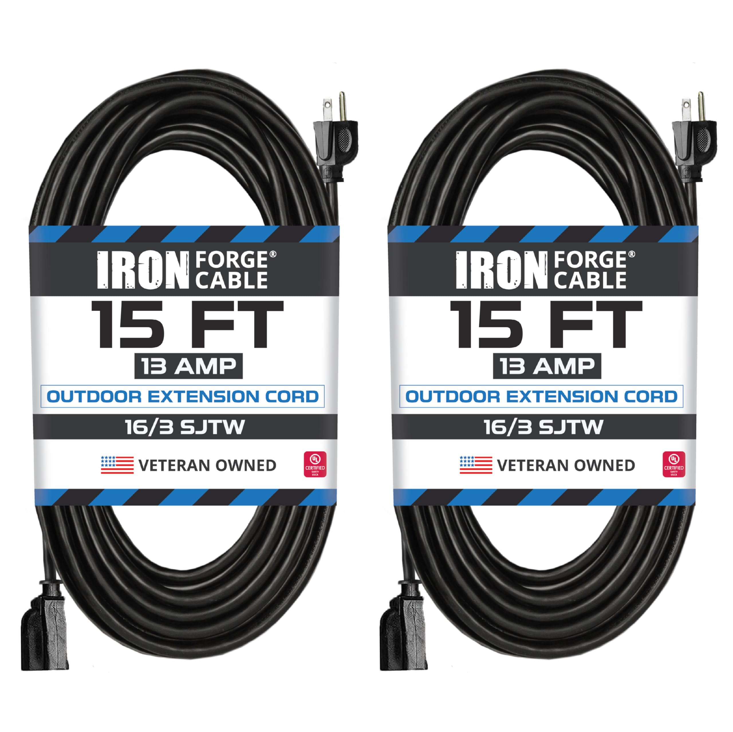 Weatherproof Outdoor Extension Cord, 16/3 SJTW Heavy Duty Black Extension Cord 3 Prong, 13 Amp Exterior Power Cable