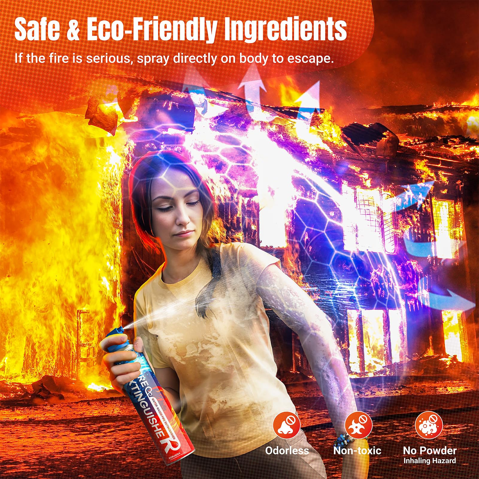 6-in-1 Small Portable Fire Extinguisher 680ml, Non-Toxic, Easy Clean with Wall Mount