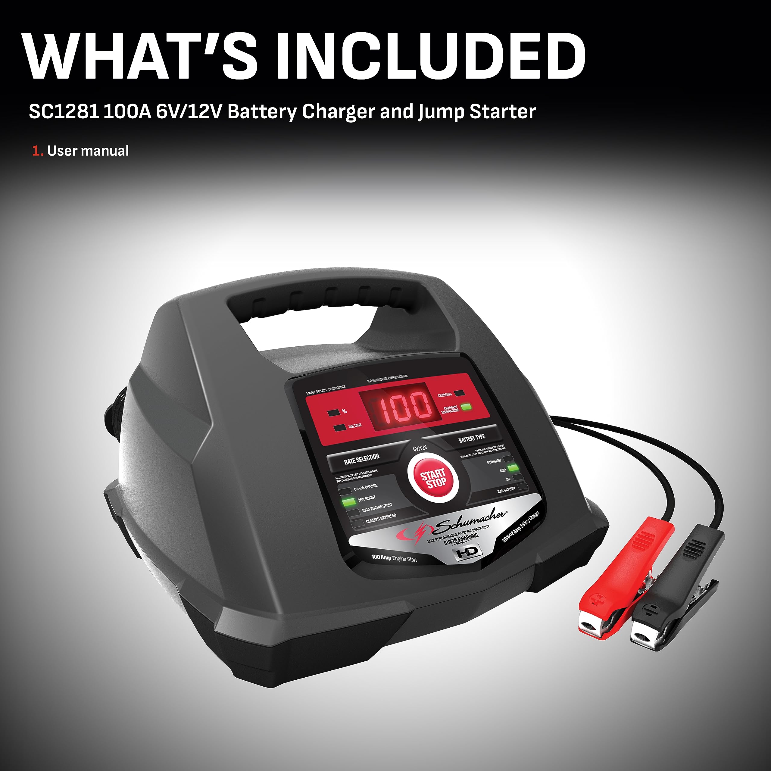 Electric SC1281 Fully Automatic Battery Charger and Jump Starter, 100 Cranking Amps, 30-Amp Boost Mode