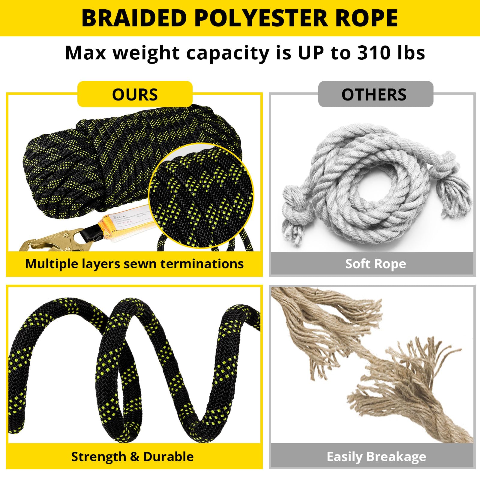 [25 / 50 / 100/ 150 FT] Rope Harness Safety Lanyard, Vertical Roofing Rope With Grab Snap Hooks, Shock Absorber