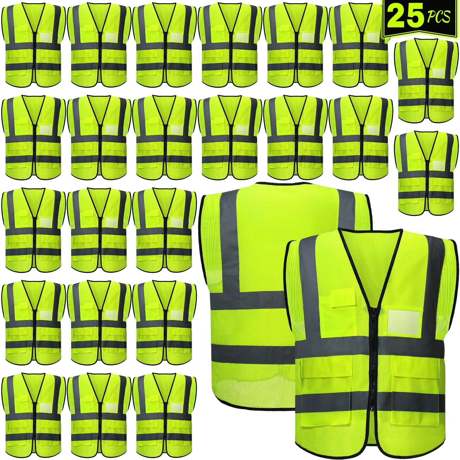 [15 /25 / 40 Packs] High Visibility Safety Vests with Pockets and Zipper