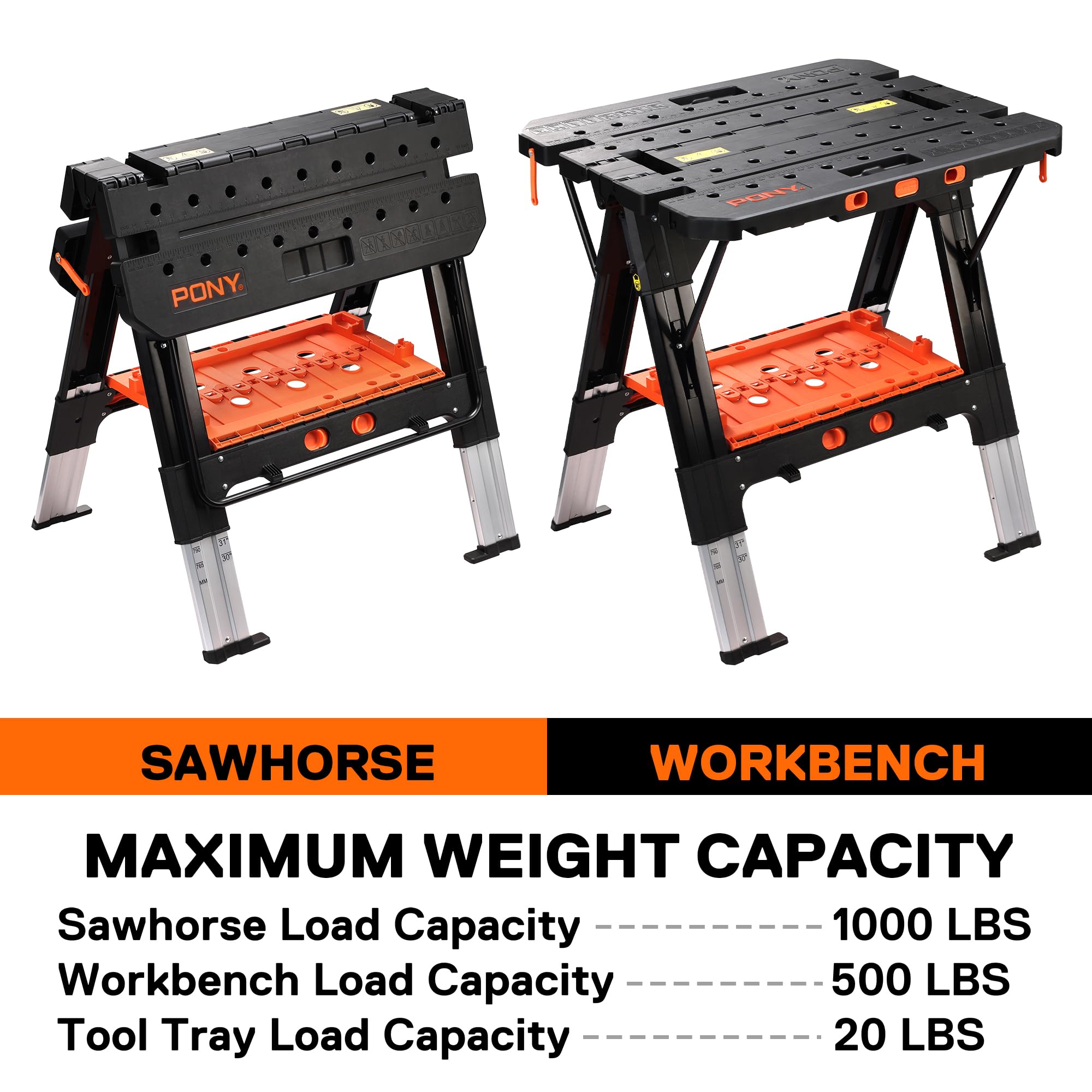 Portable Folding Work Table, 31” W×25” D×25”-32”H, with 4pcs Clamps, 4pcs Bench Dogs, 2pcs Safety Straps