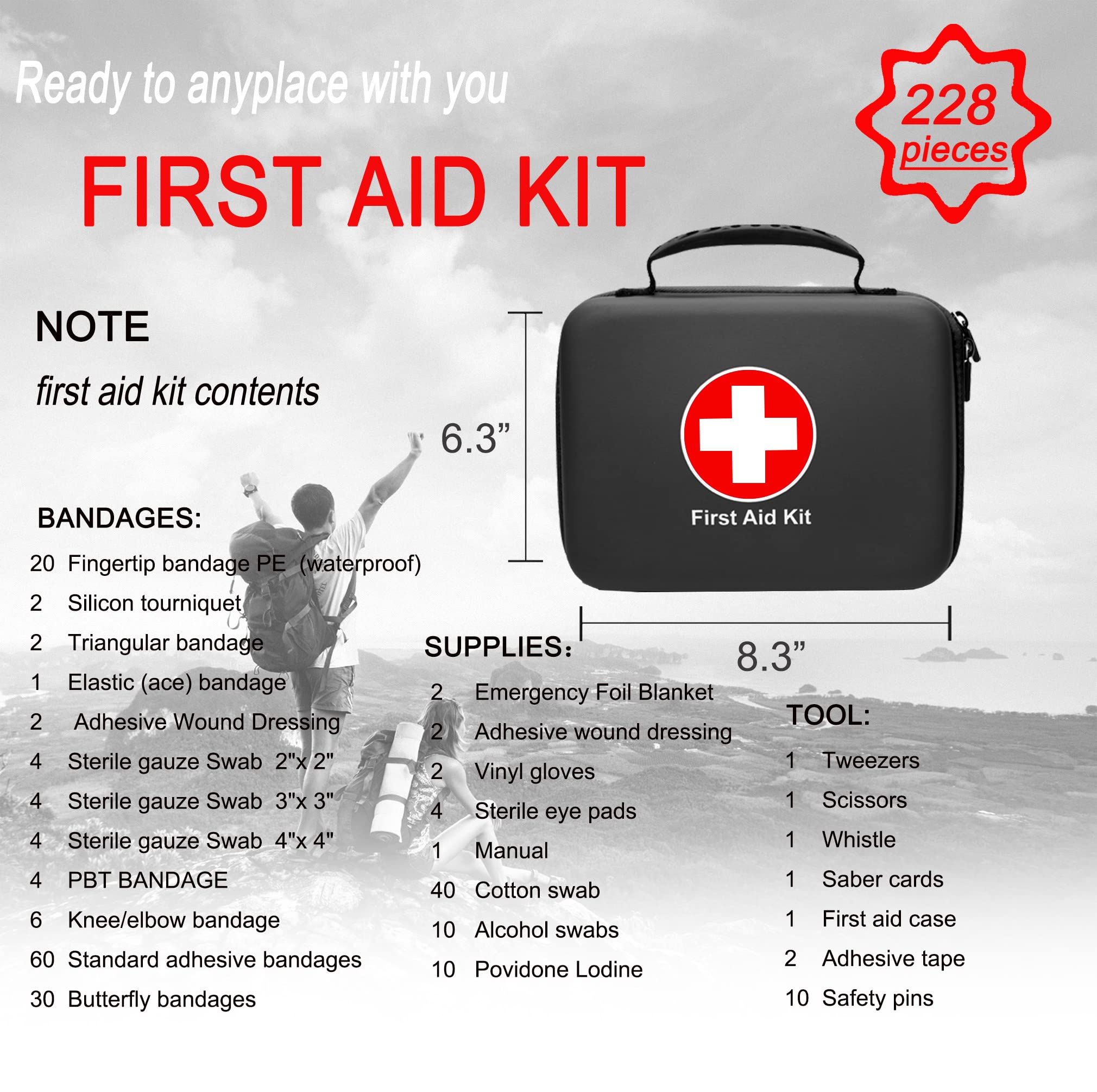 SHBC Waterproof First Aid Kit (228pcs) with All Basic or Advanced Supplies You Need.