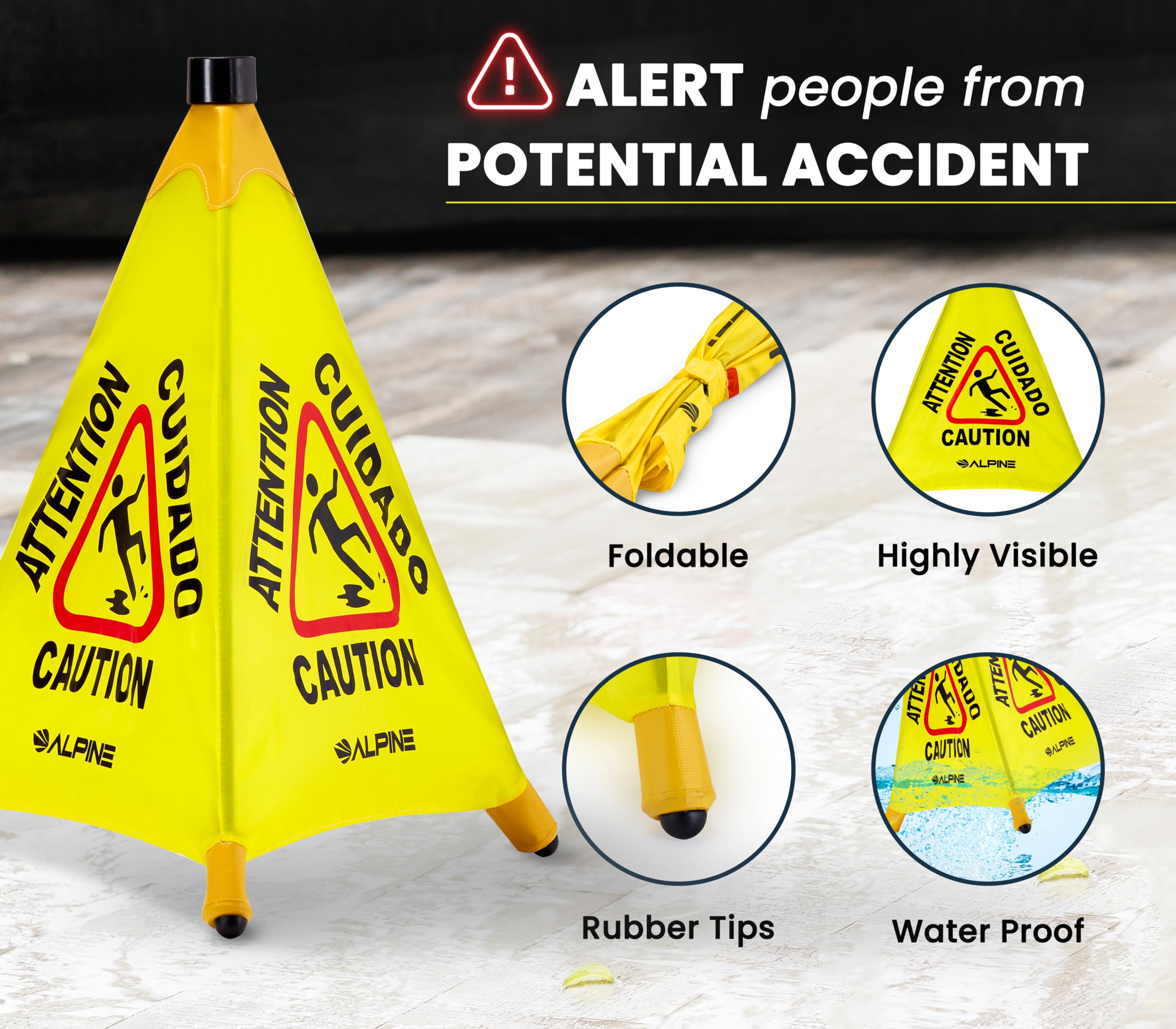 Pop-Up Wet Floor Sign - Portable Three Sided Caution Cone - 20/30 inches