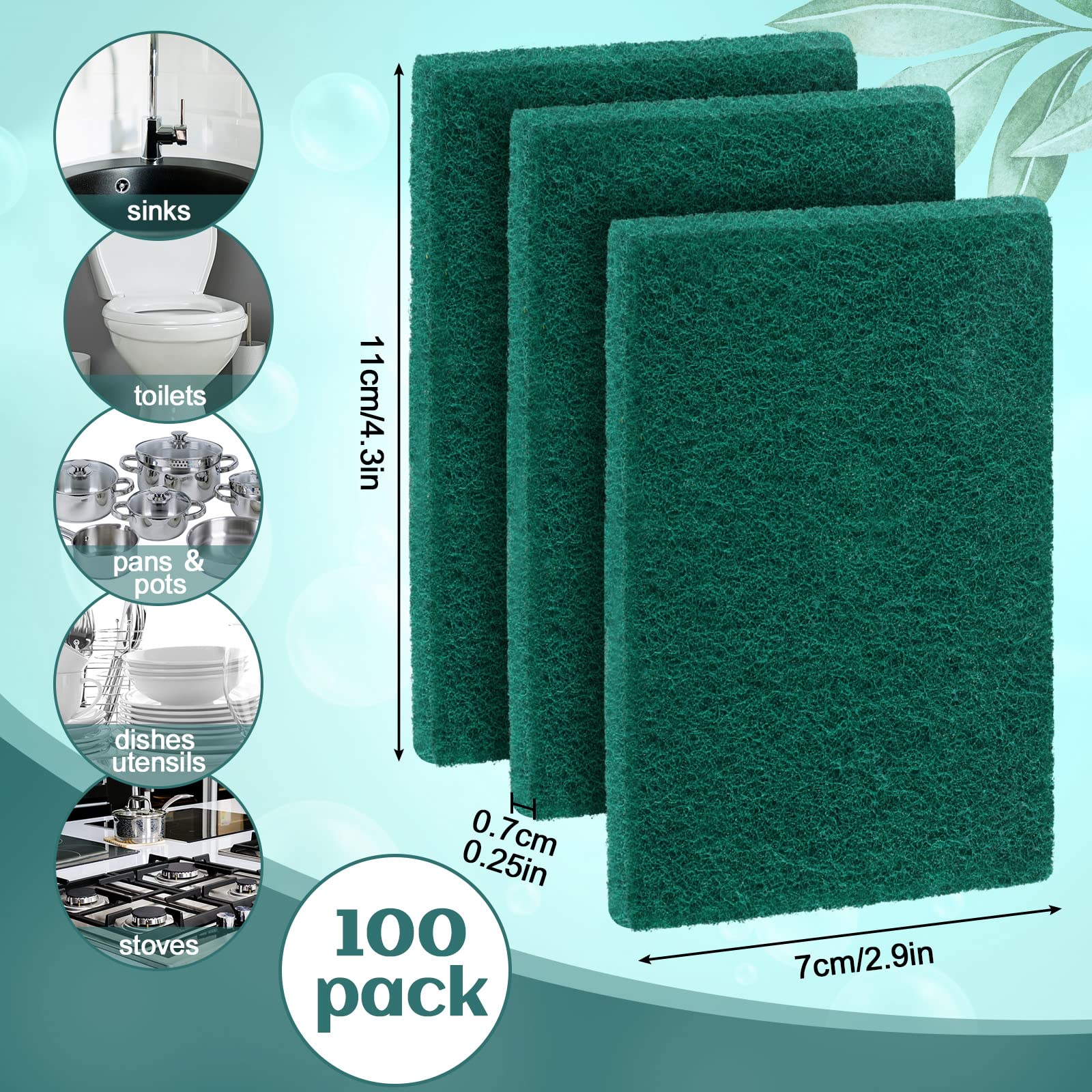 Heavy Duty Scouring Pads Non Scratch, 4.3 x 3 x 0.3 in (50 / 100 / 150 / 200 Pcs )