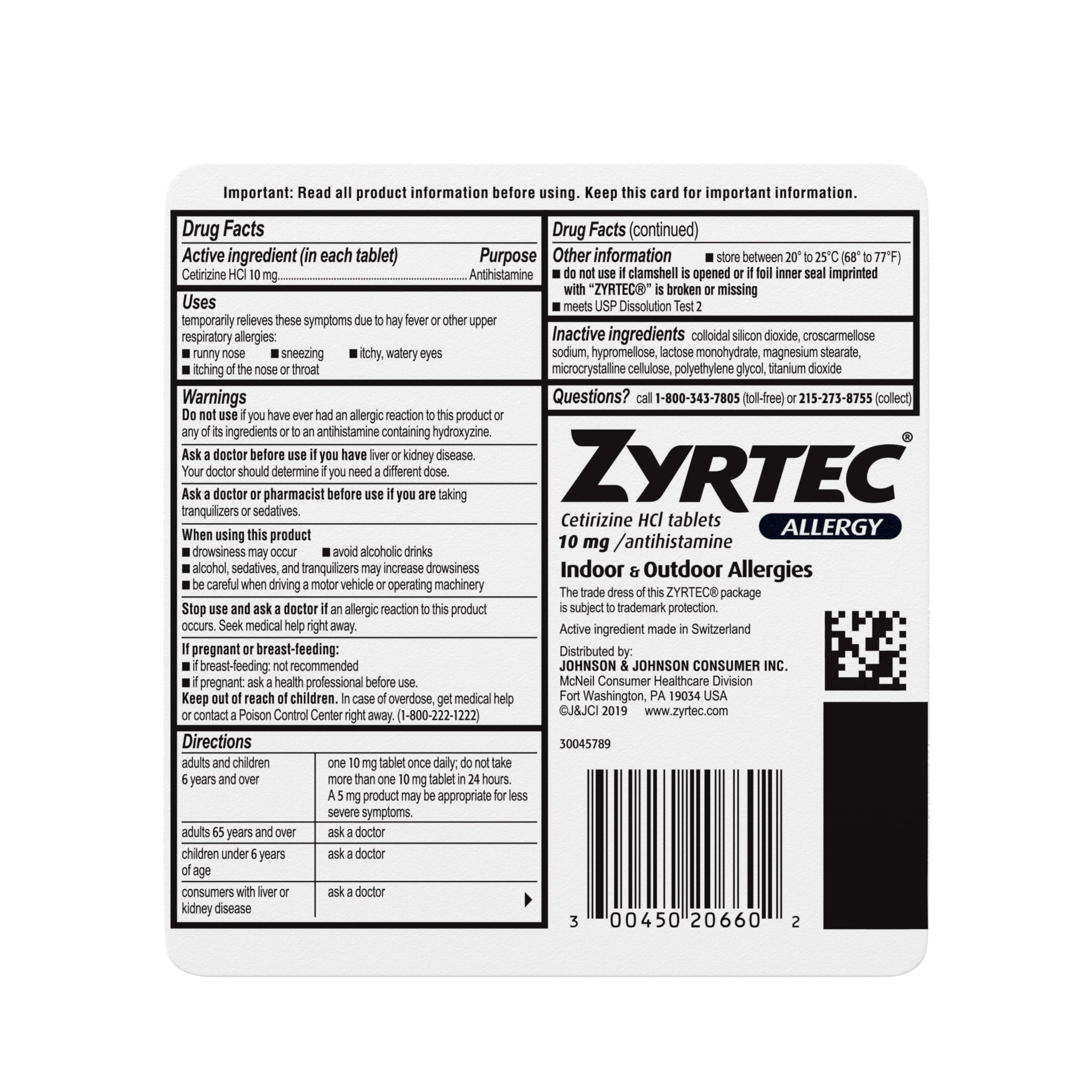 [60 Ct] Zyrtec 24 Hour Allergy Relief Tablets with 10 mg Cetirizine HCl per Antihistamine Tablet