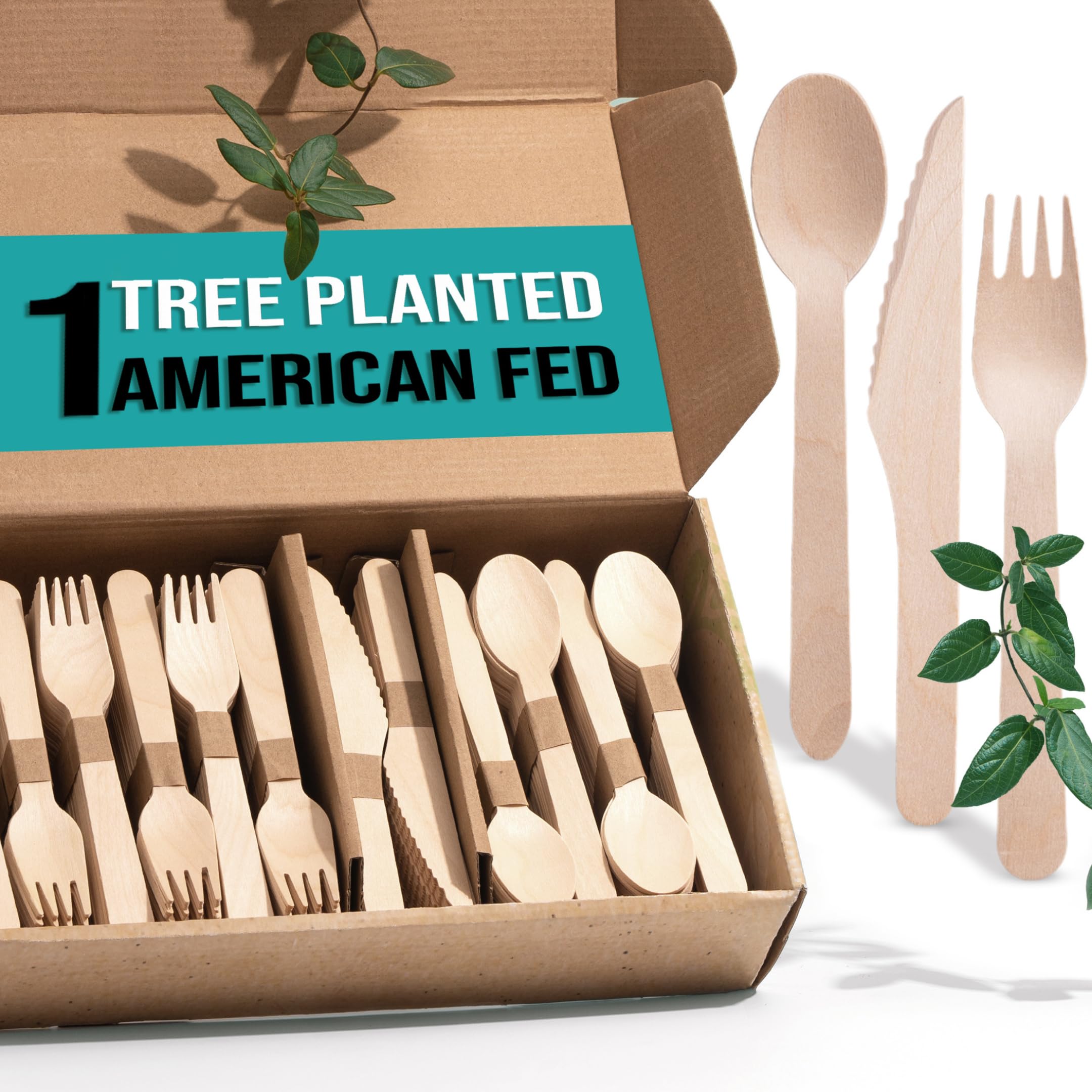 [300 PCS] 150 Forks, 100 Spoons, 50 Knives, Disposable Wooden Cutlery Set