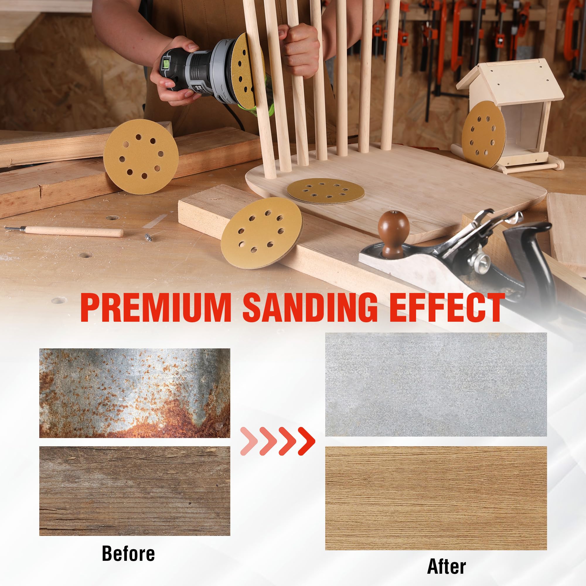 WORKPRO 150-piece Premium Sanding Discs Set, 5" 8 Holes Hook and Loop Sandpaper