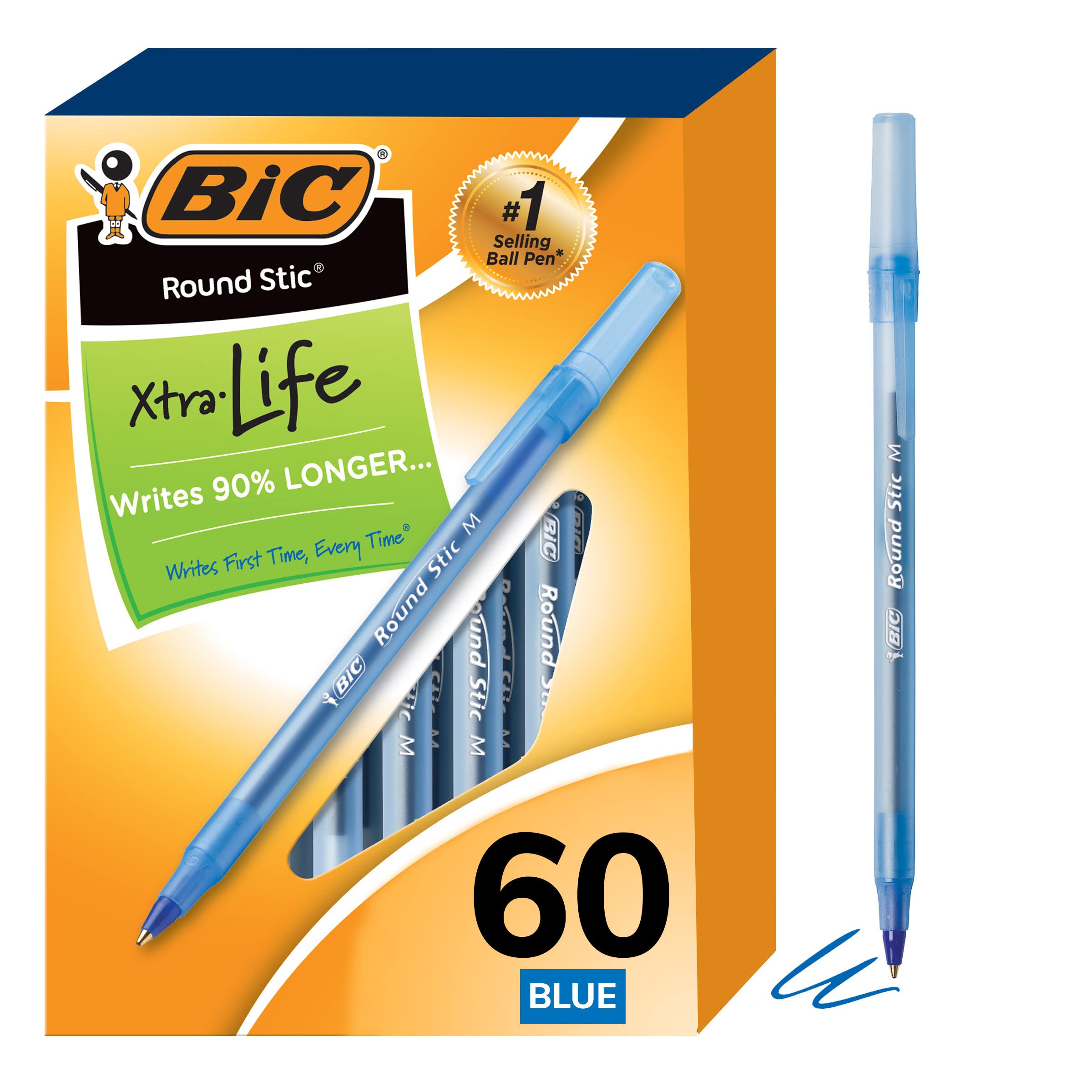 [60-Count Pack] BIC Round Stic Xtra Life Blue Ballpoint Pens