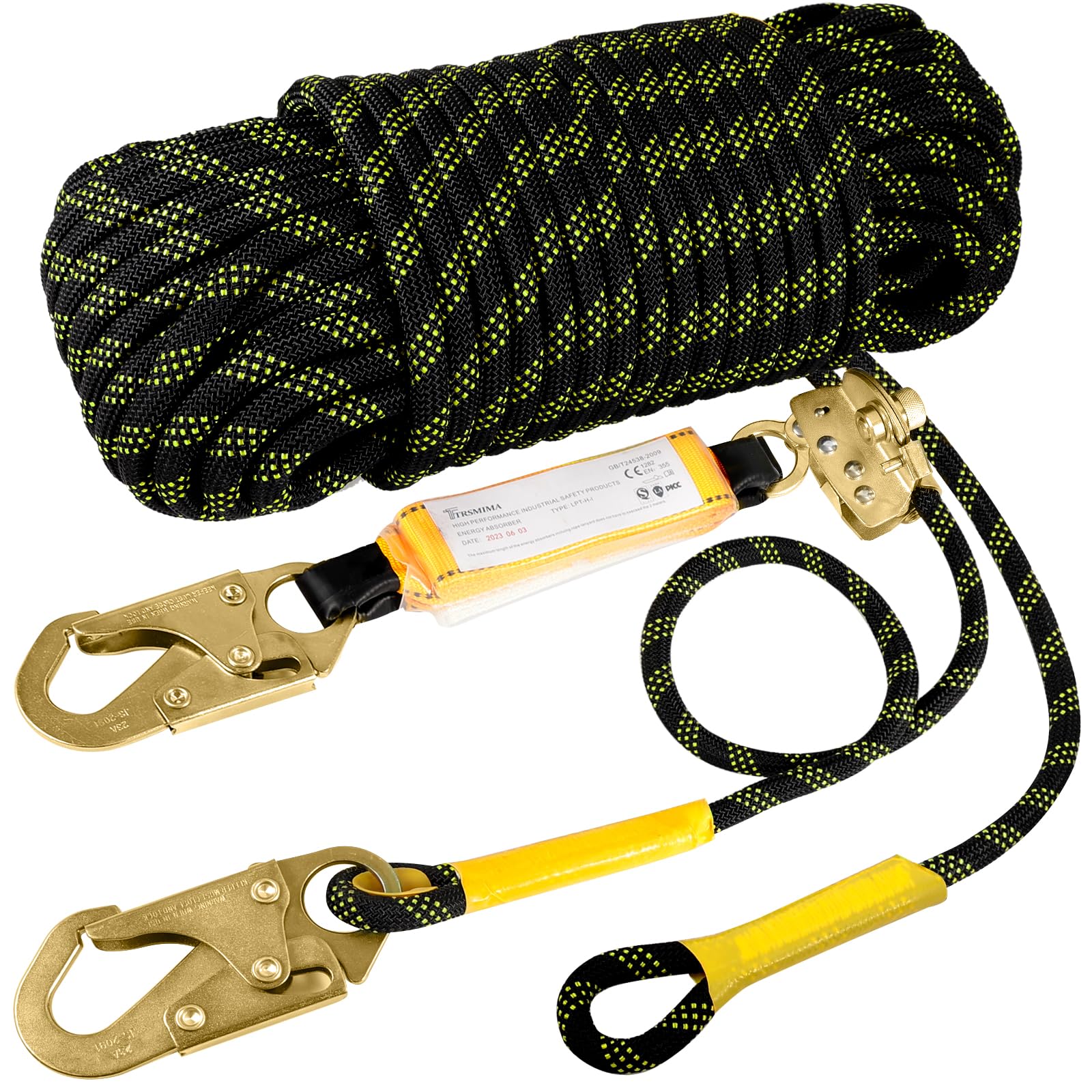[25 / 50 / 100/ 150 FT] Rope Harness Safety Lanyard, Vertical Roofing Rope With Grab Snap Hooks, Shock Absorber