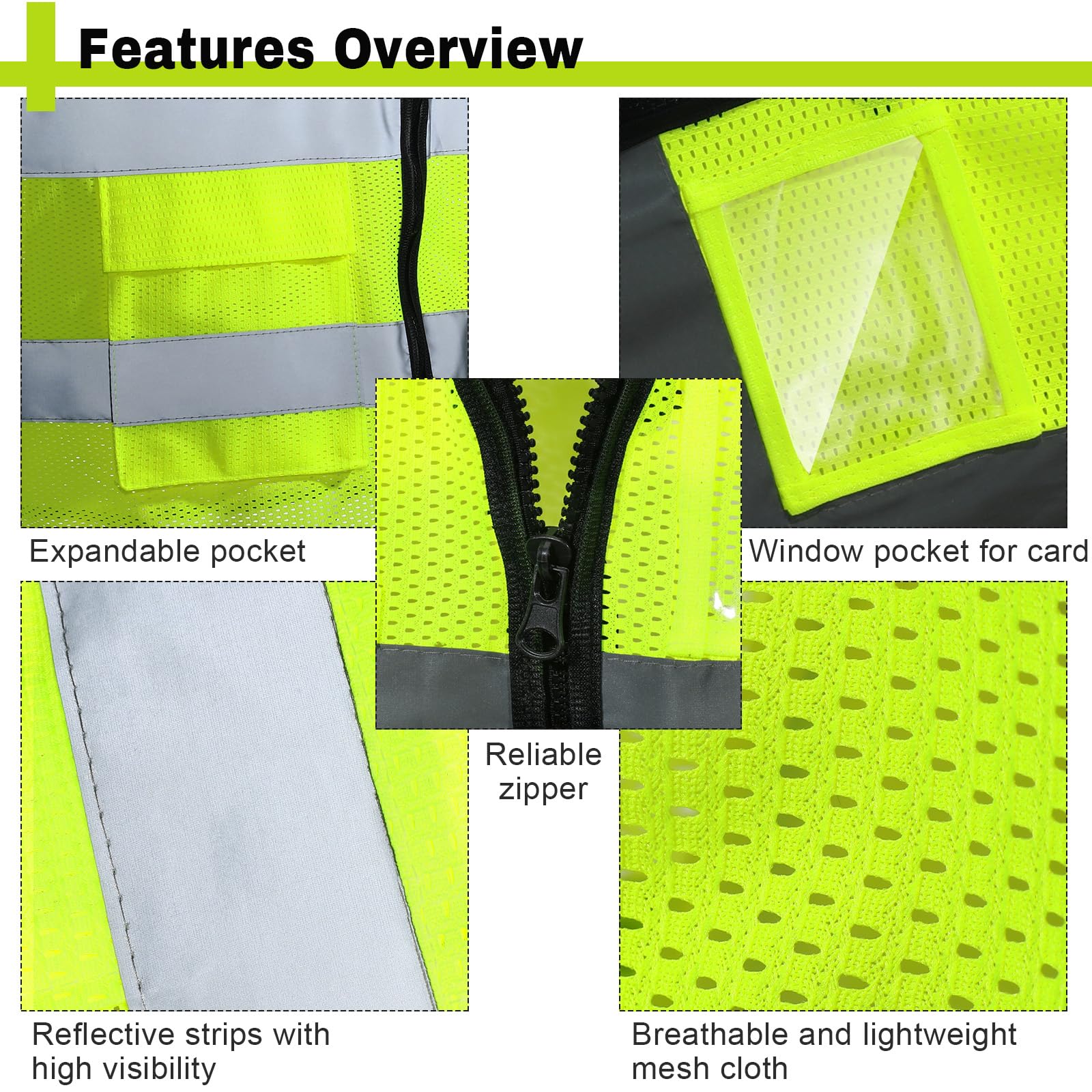 [15 /25 / 40 Packs] High Visibility Safety Vests with Pockets and Zipper