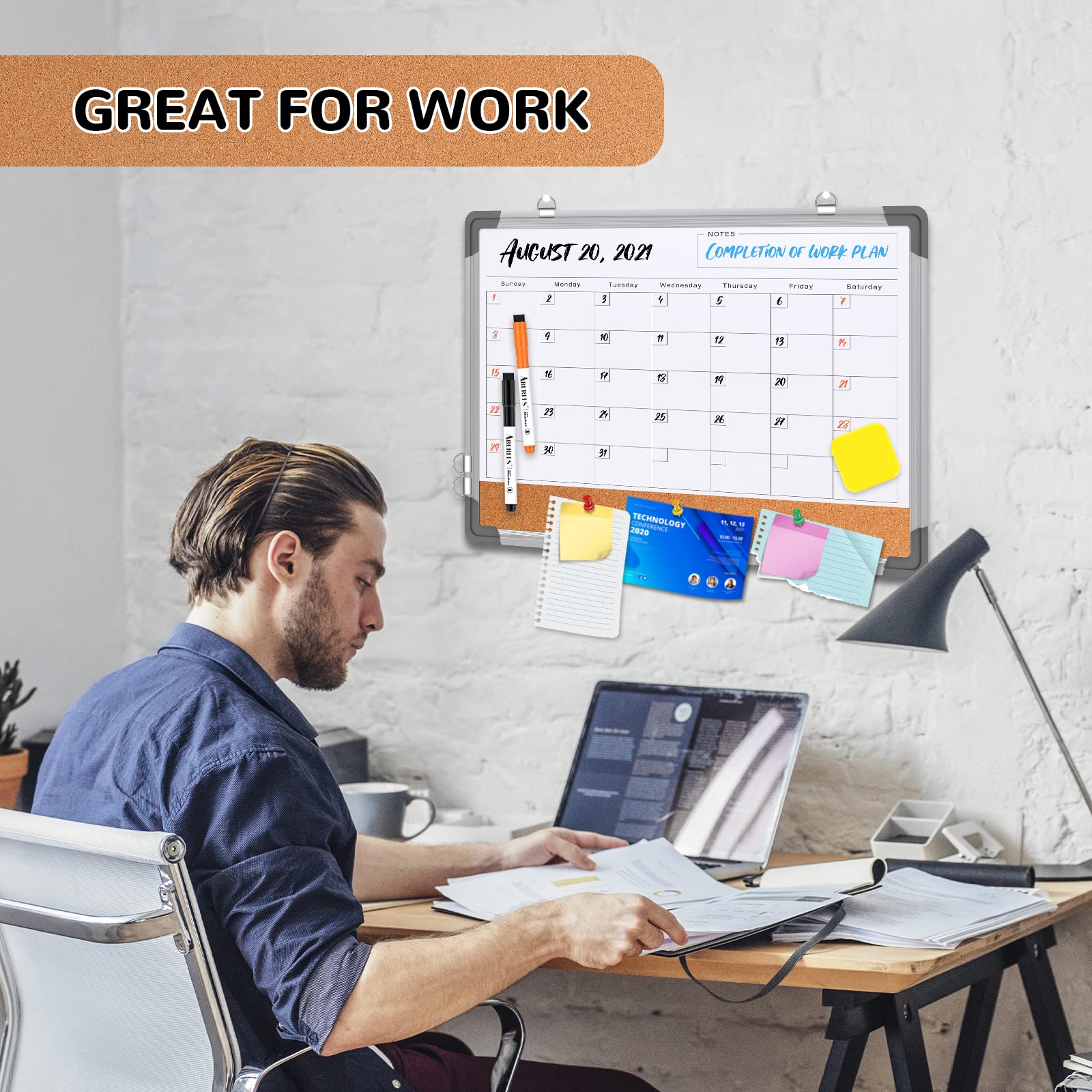 [1 Set] Double-Sided Monthly Calendar Whiteboard with Cork Strip, 17" x 13"