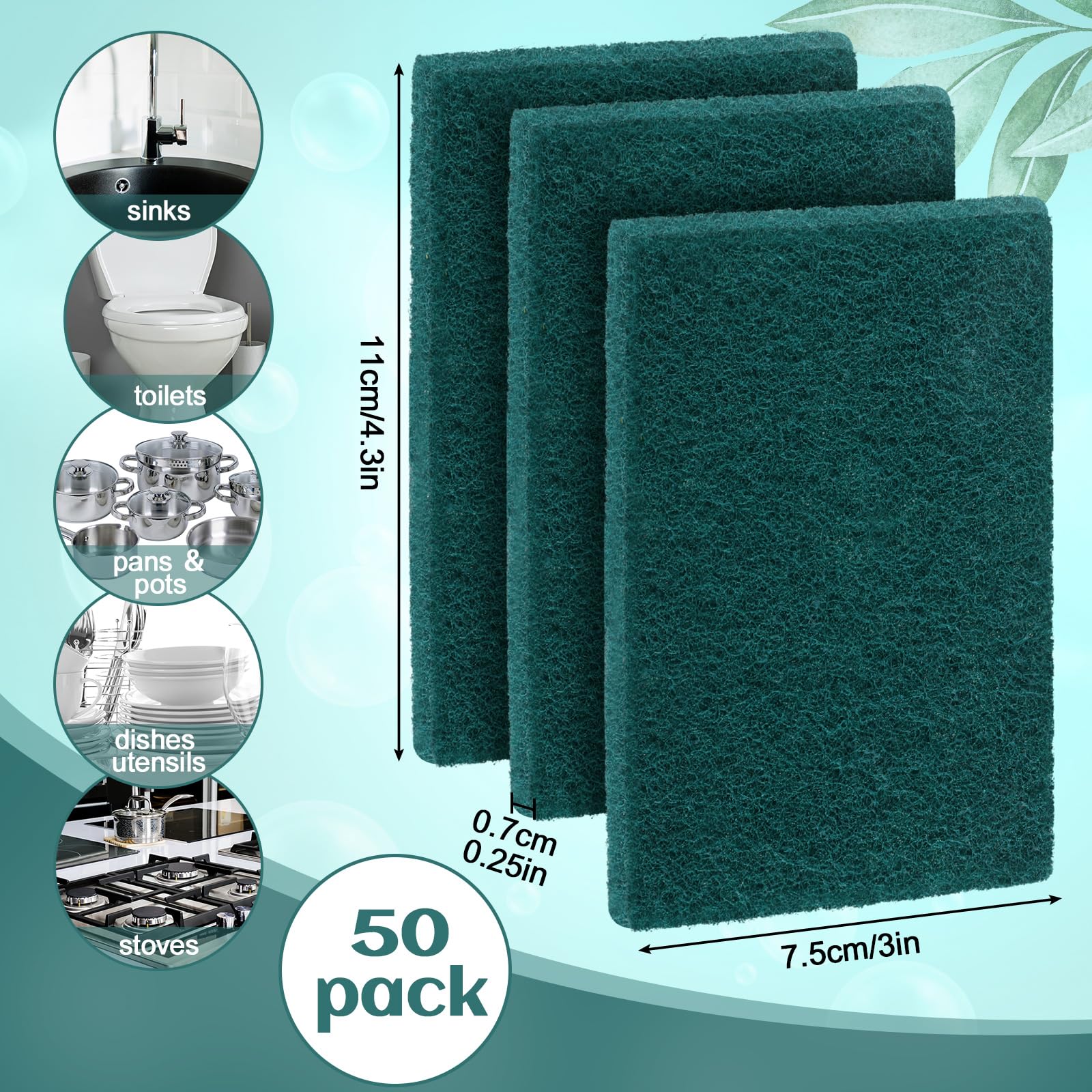 Heavy Duty Scouring Pads Non Scratch, 4.3 x 3 x 0.3 in (50 / 100 / 150 / 200 Pcs )