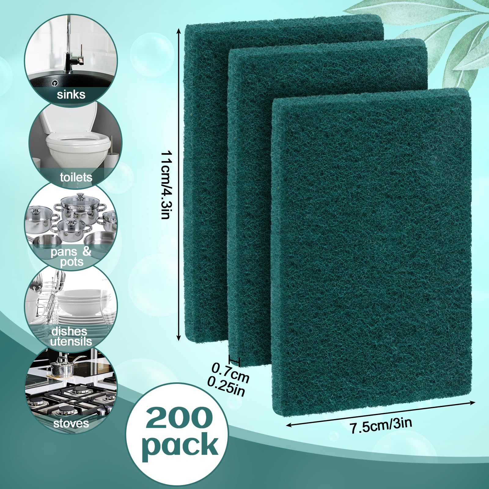 Heavy Duty Scouring Pads Non Scratch, 4.3 x 3 x 0.3 in (50 / 100 / 150 / 200 Pcs )