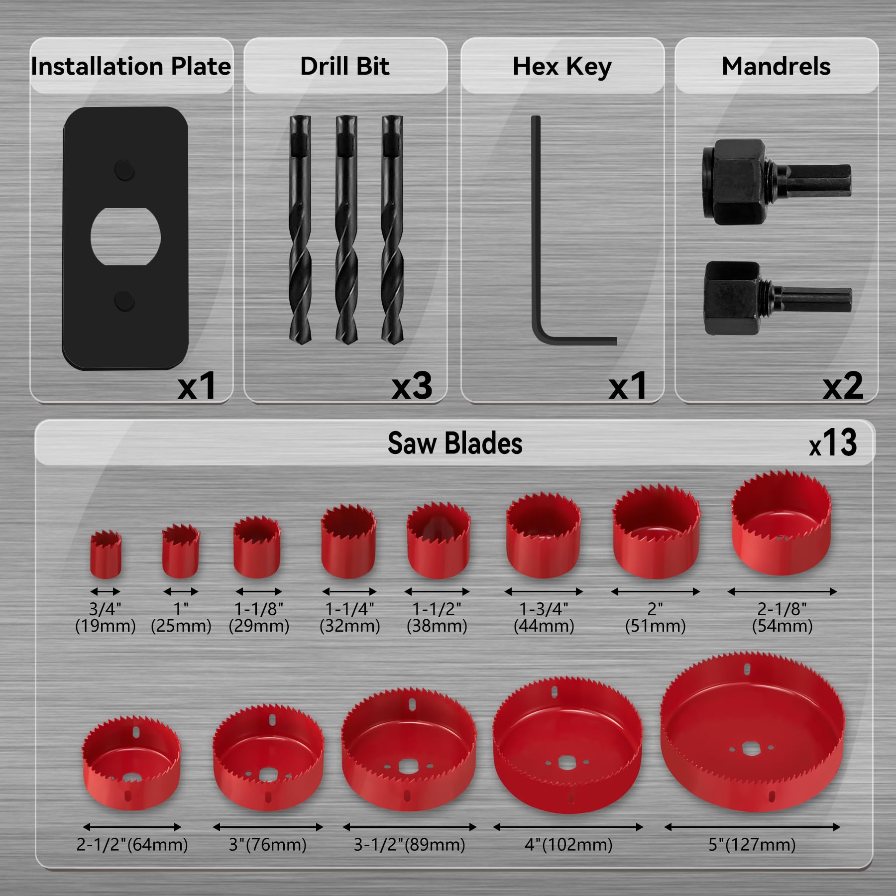 Hole Saw Set 20PCS Hole Saw Kit with 3/4"-6"(19-152mm) 13PCS Saw Blades, 2 Mandrels, 3 Drill Bits, 1 Installation Plate, 1 Hex Key
