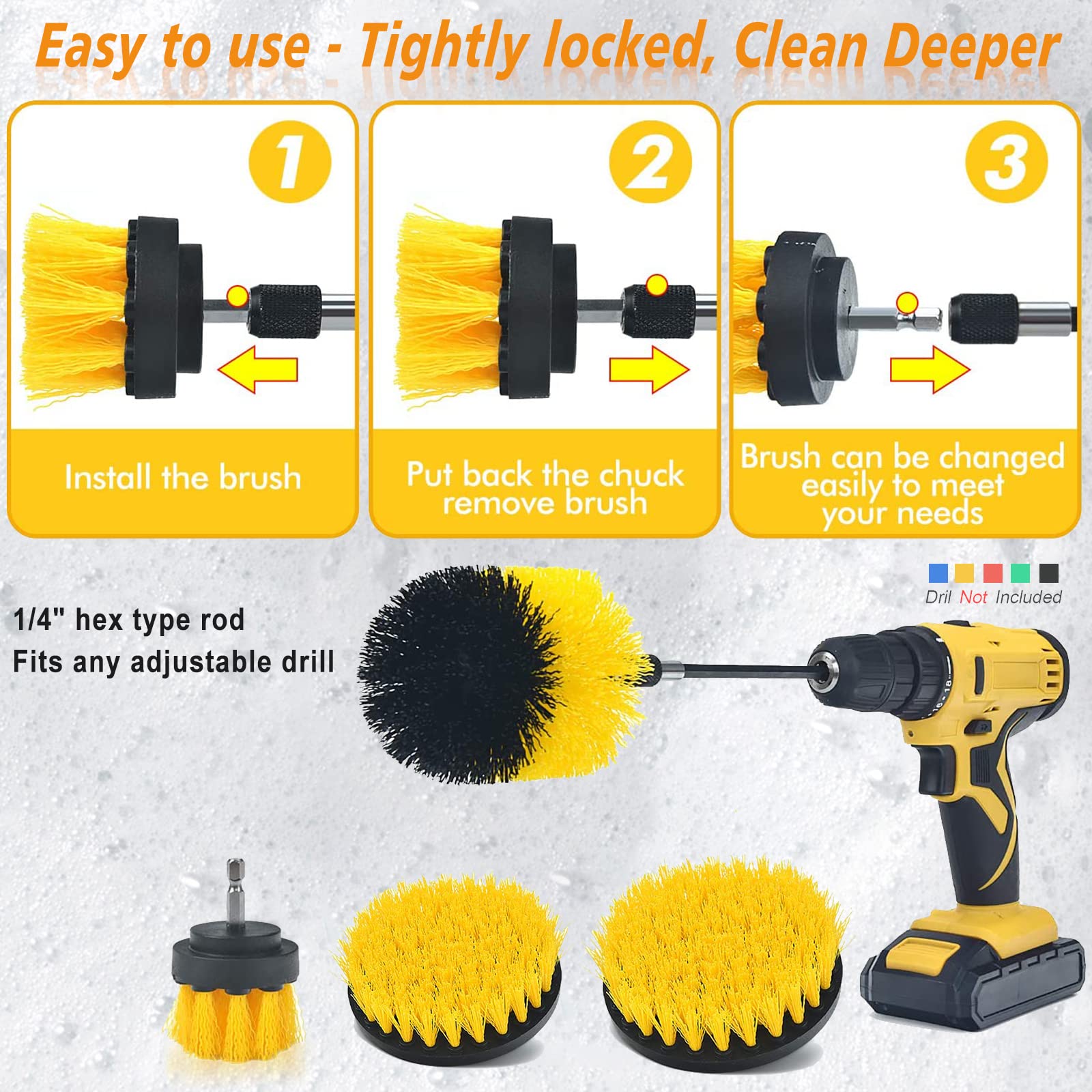 4-Piece Cleaning Brush Set - 2-In, 3.5-In, 4-In, 5-Ih Round Flat Brushes and 6-In Extended Reach Attachment for Drill