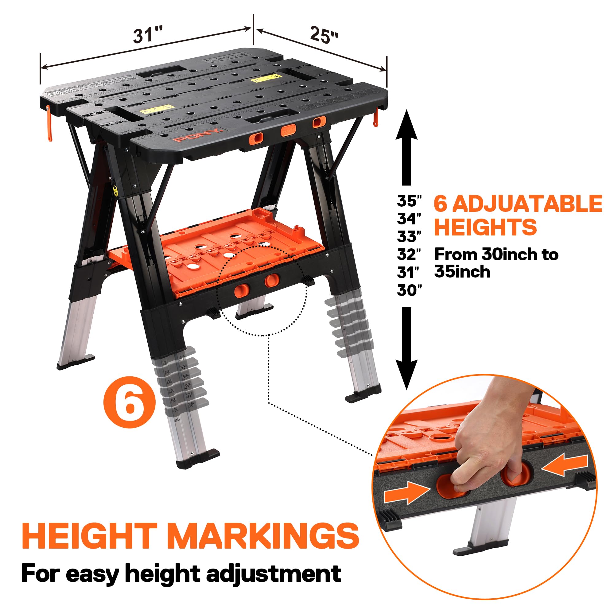Portable Folding Work Table, 31” W×25” D×25”-32”H, with 4pcs Clamps, 4pcs Bench Dogs, 2pcs Safety Straps