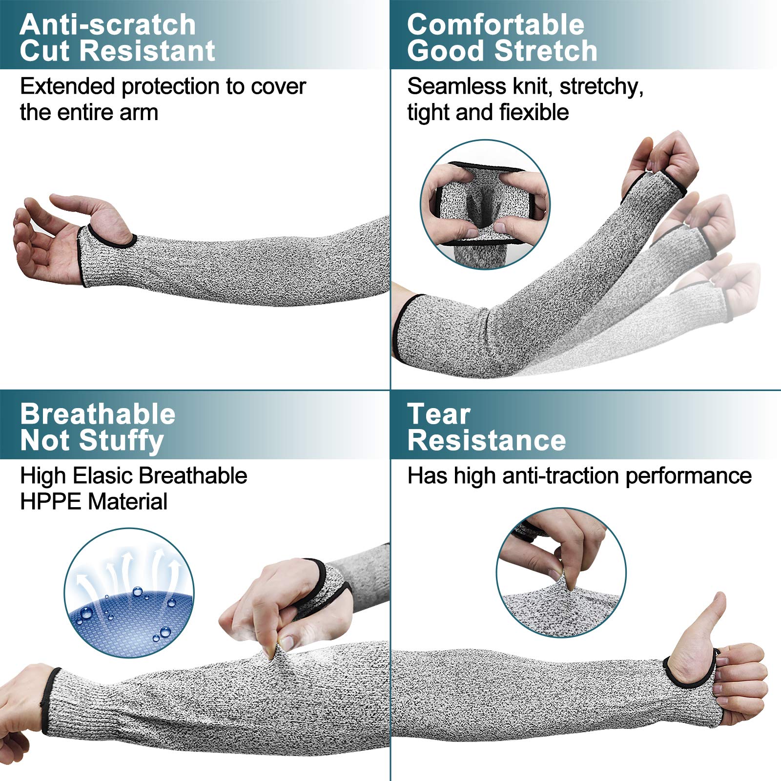 [1 Pair / 2 Pairs] Cut Resistant Sleeves, Level 5 Arm Protection Sleeves with Thumb Hole